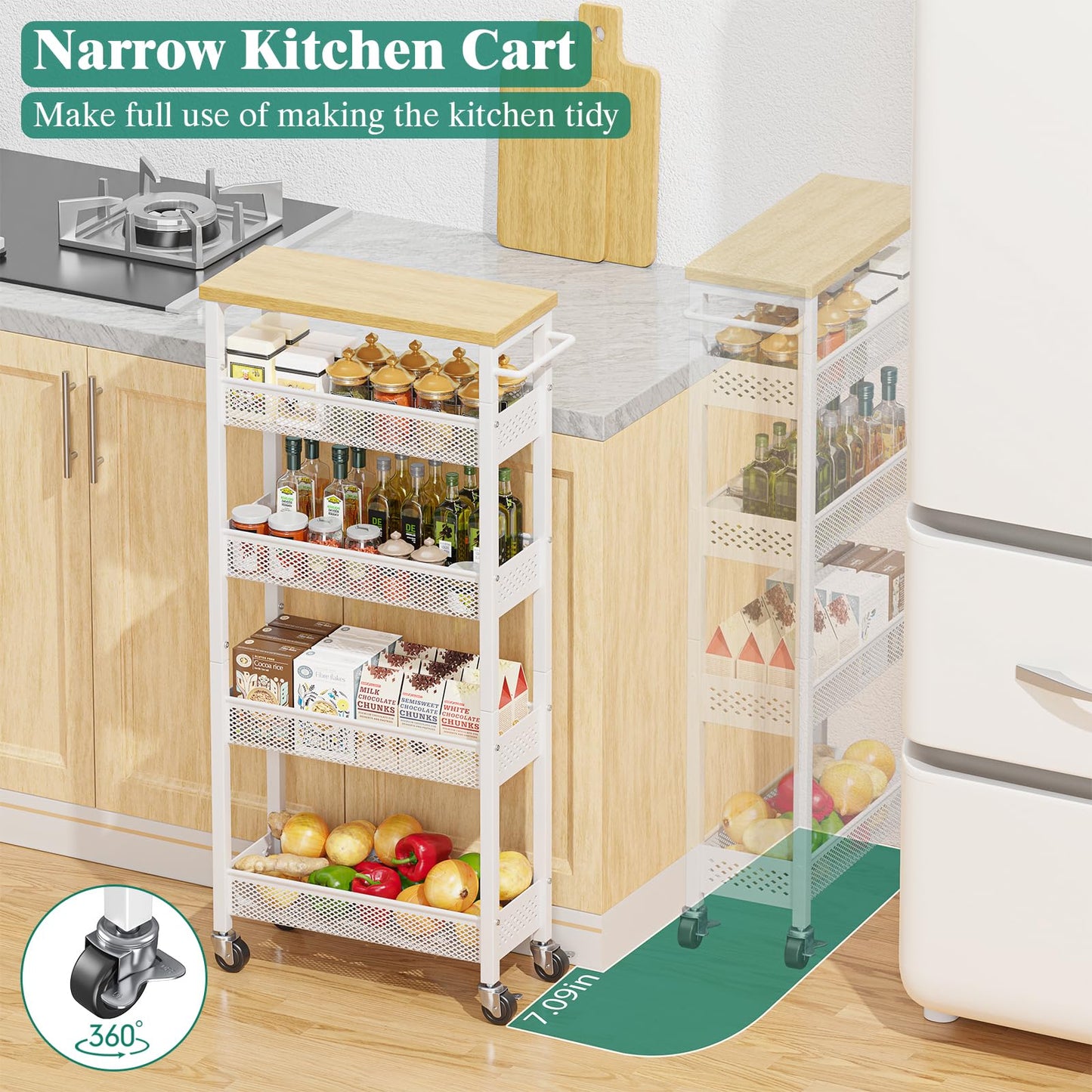Giwil Slim Storage Cart 5 Tier Narrow Kitchen Rolling Cart on Wheels for Small Space, Metal Utility Cart Narrow Bathroom Storage Cabinet Mobile Shelf Unit Organizer with Wood Top and Handle, White
