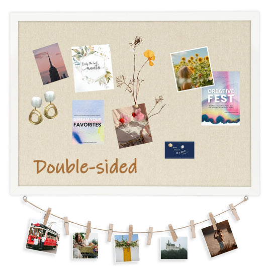 DOLLAR BOSS Cork Board Bulletin Board with Linen Double-Sided 24" x 18" Linen Corkboards for Walls Picture Display Vision Board for Office Home School Framed Picture Pin Board, 20 Pushpins 10 Clips