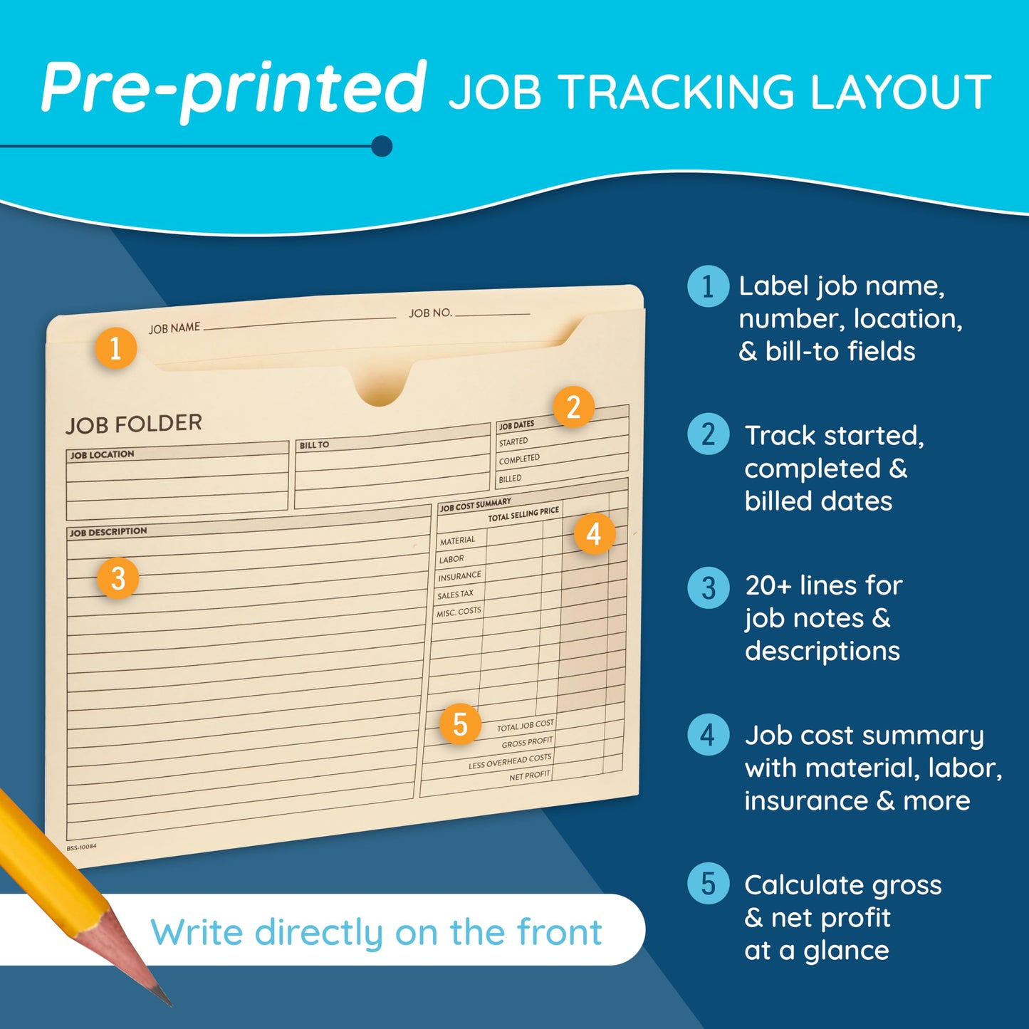 100 Blue Summit Supplies Job Folders Construction, 10 x 12 Inches, Project Folders with Preprinting for Job Tracking, Manila Job Folders File Jacket – 100 Folders