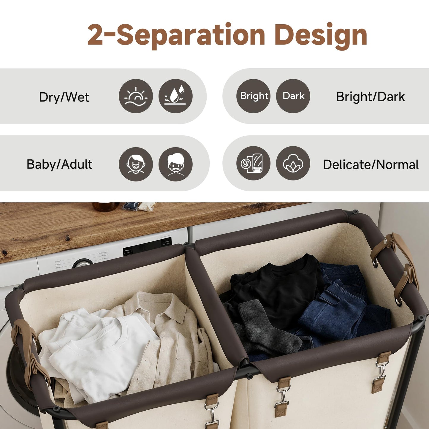 StorageWorks 280L Large Laundry Hamper with Wheels, Laundry Basket with Wheels 2 Sections, Clothes Sorter Cart with Divider for Hotel, Home, Beige, 1-Pack