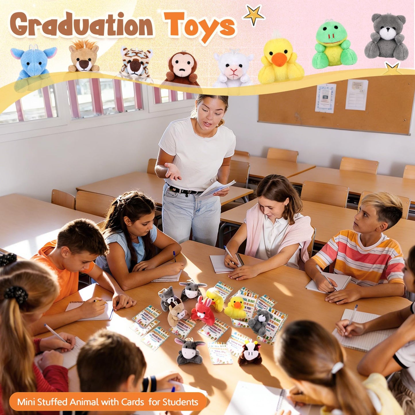 Roowest 24 Sets End of The Year Student Gifts Graduation Mini Stuffed Animal with Cards of 2026 Bulk Gifts from Teacher End of The Academic Year Party Decor(Cute)