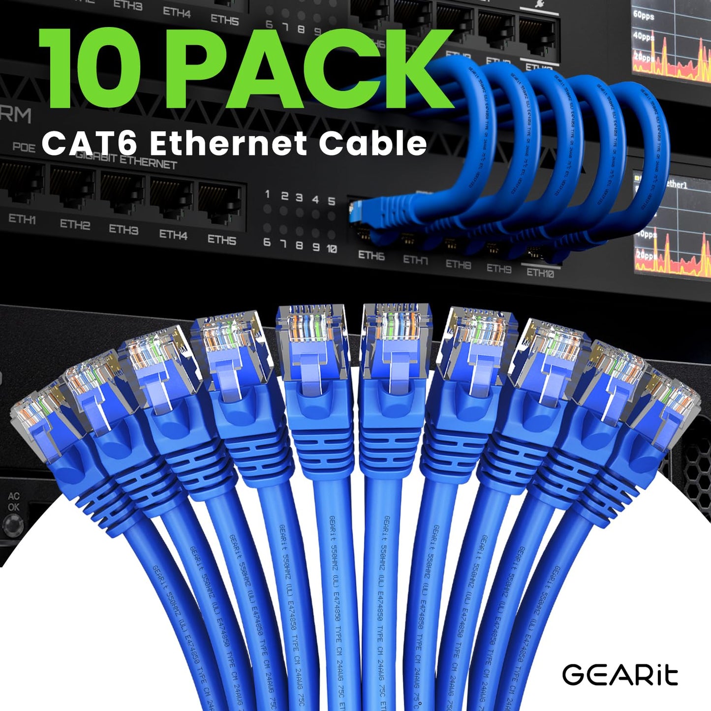 GearIT Cat 6 Ethernet Cable (10-Pack 15 Feet) Cat6 Network Patch, 10Gbps, RJ45, Snagless Cord, Gold-Plated Connectors, Internet for PC, TV, Tablet, Router, Printer, Servers, IT Data Center - Blue