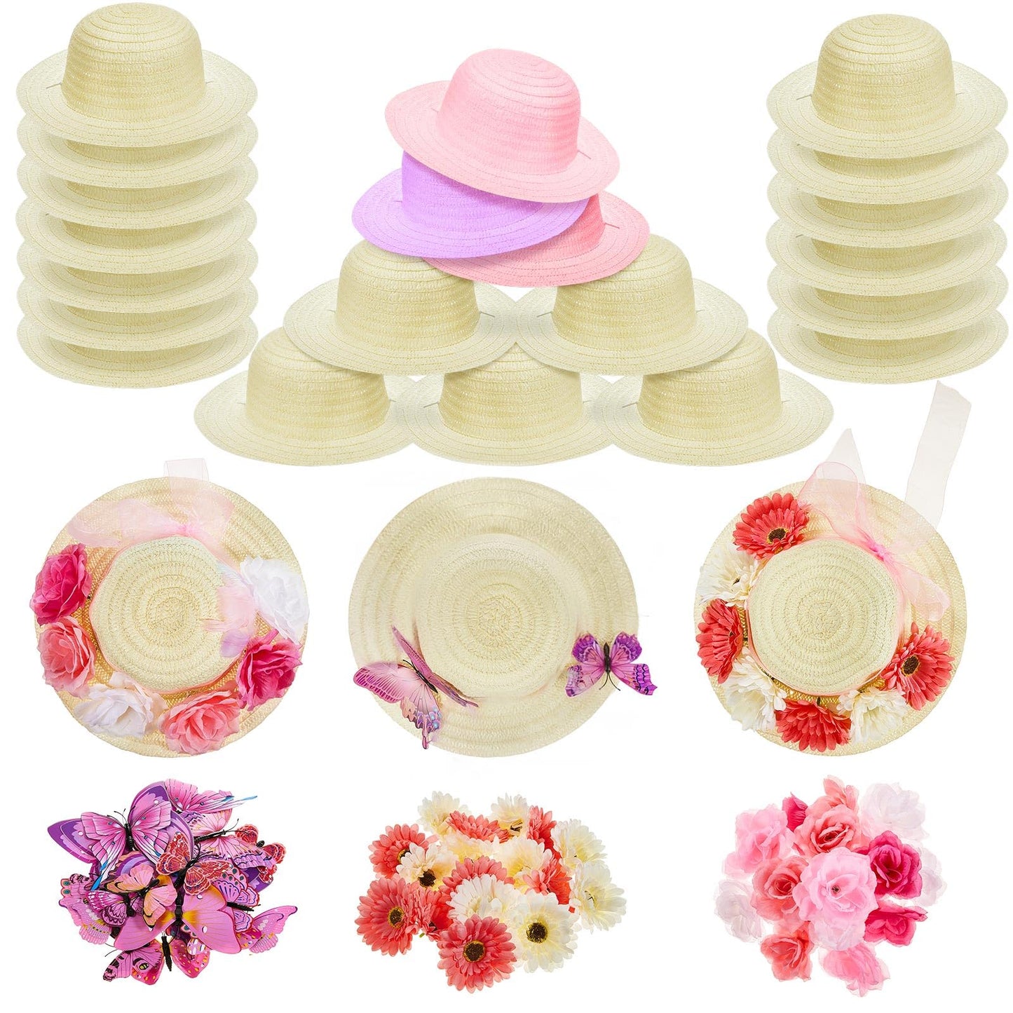 Hotop 24 Pcs DIY Tea Party Hats for Girls with 48 Pcs Artificial Flower 24 Pcs Faux Butterfly 100 Pcs Fake Feather 1 Ribbon DIY Straw Hats Set Straw Hats for Crafts Dress up Hats Straw Farmer Hat