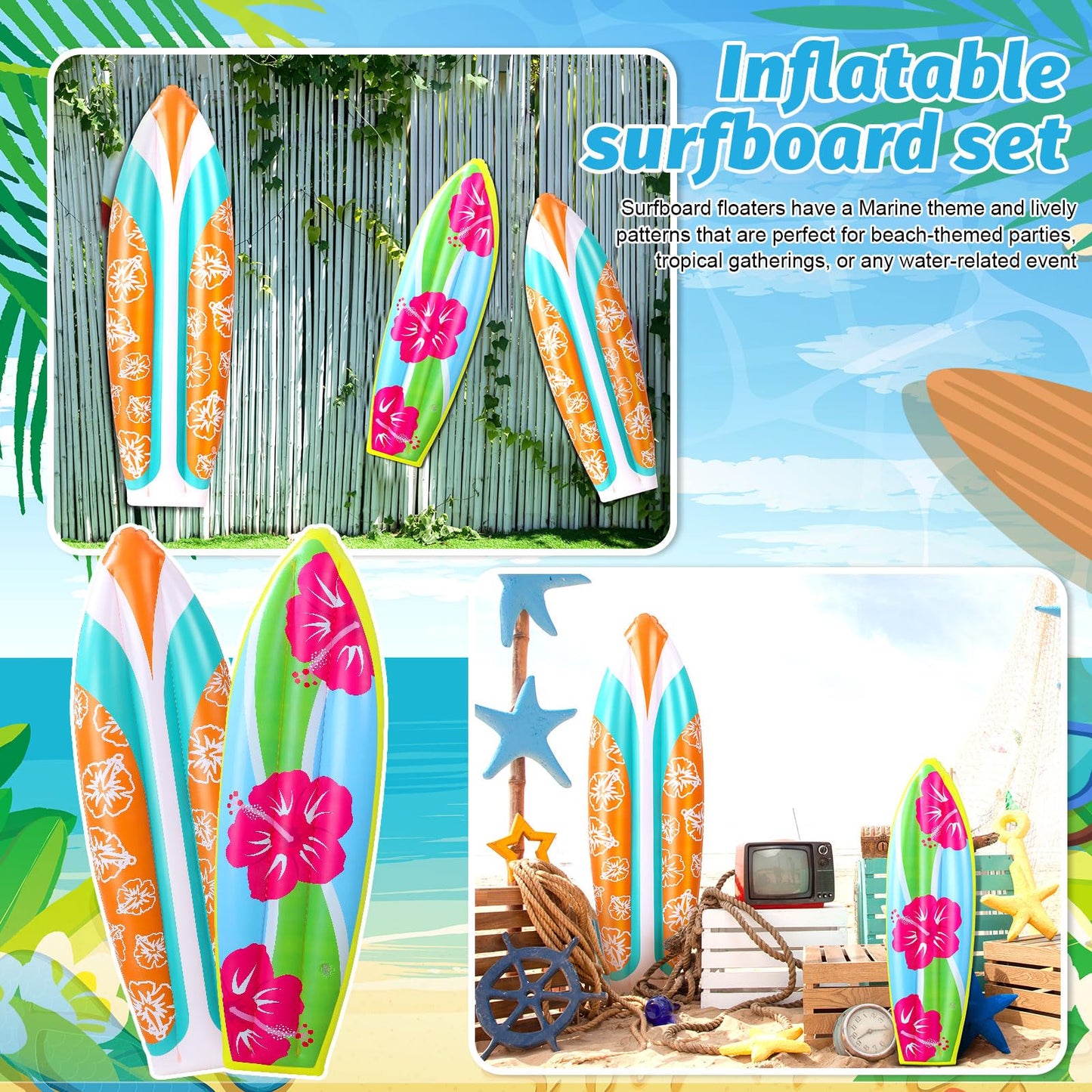 JellyArch 4 Pcs Inflatable Surf Board Inflatable 36 Inch59 Inch Tropical Beach Luau Party Decorations Blow up Surfboard Pool Floats Board for Beach Hawaiian Party Decorations