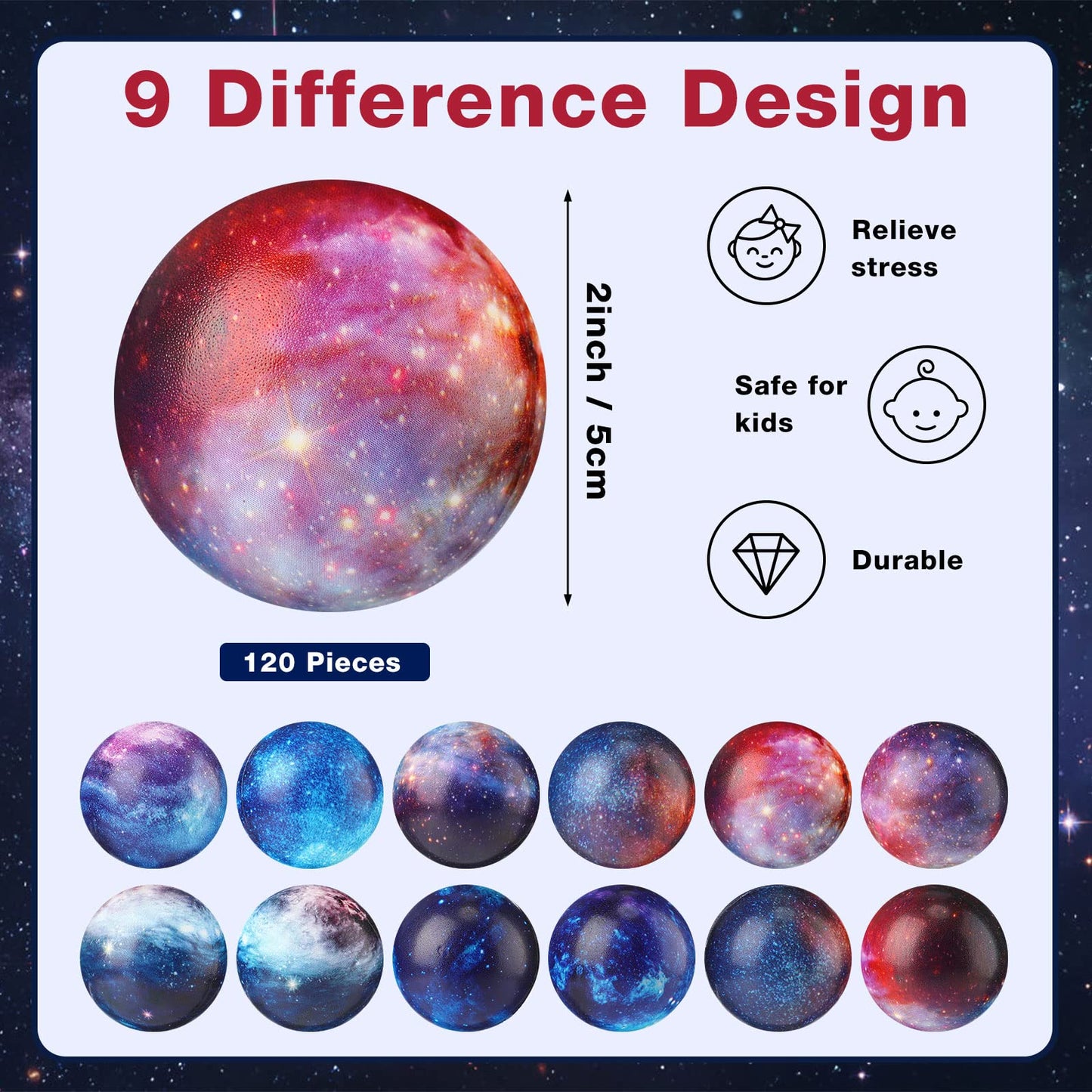 Libima 120 Pcs Galaxy Stress Balls Bulk 2 Inches Outer Space Foam Stress Balls for Squeeze Fidget Birthday Astronaut Party Favors School Class Reward Carnival Gift (Galaxy A)