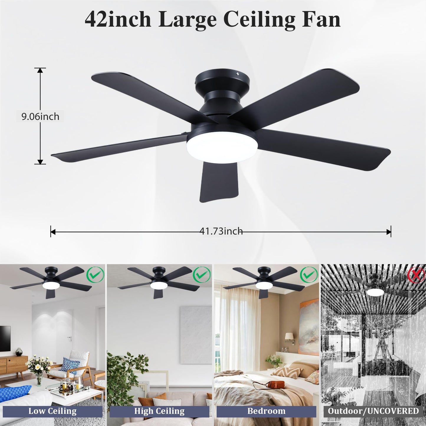42 Inch Ceiling Fans with Lights and Remote Control, Indoor/Outdoor Flush Mount Low Profile Commercial Reversible Dimmable Ceiling Fans for Living Room Patio Industrial Shop, Black
