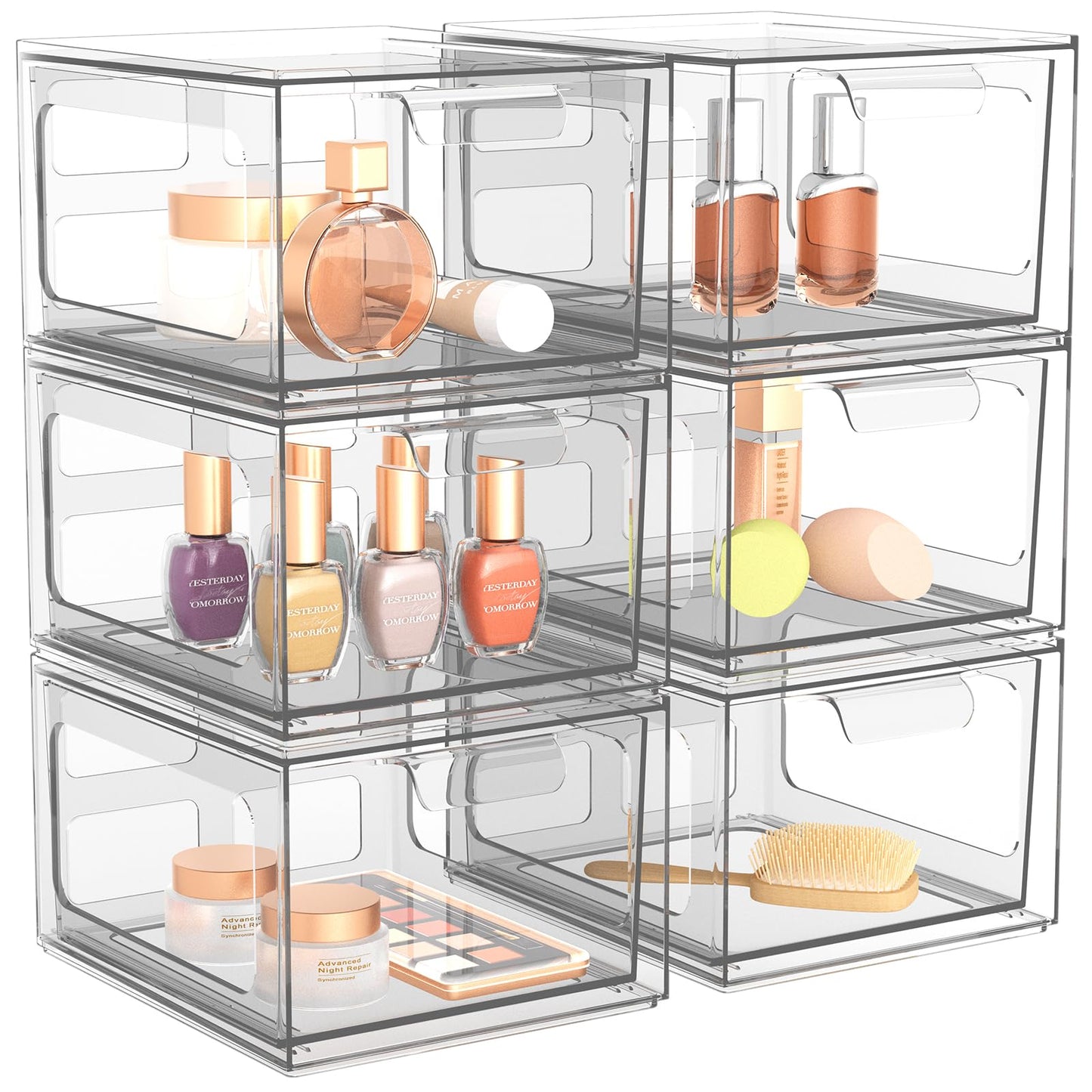 SpaceHacks 6 Pack Stackable Plastic Makeup Organizer Drawers, Acrylic Organizers, Clear Storage Bins with Pull-Out Handles for Vanity, Kitchen Cabinets, Pantry