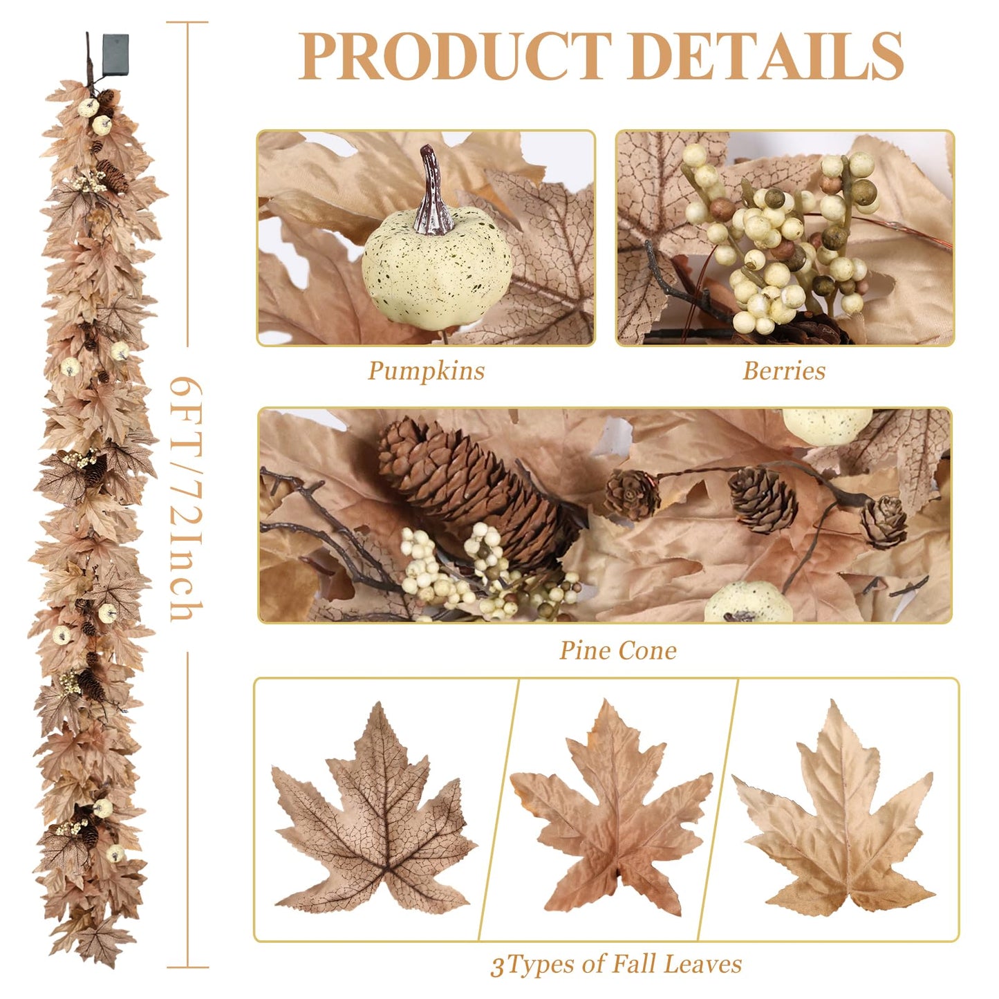 6 FT Fall Garland with Lights Timer Function Autumn Fall Leaves Garland with Berries Pine Cones Pumpkins Realistic Automatic ON/Off Timer Fall Decorations for Home Mantle Fireplace Porch Door Table