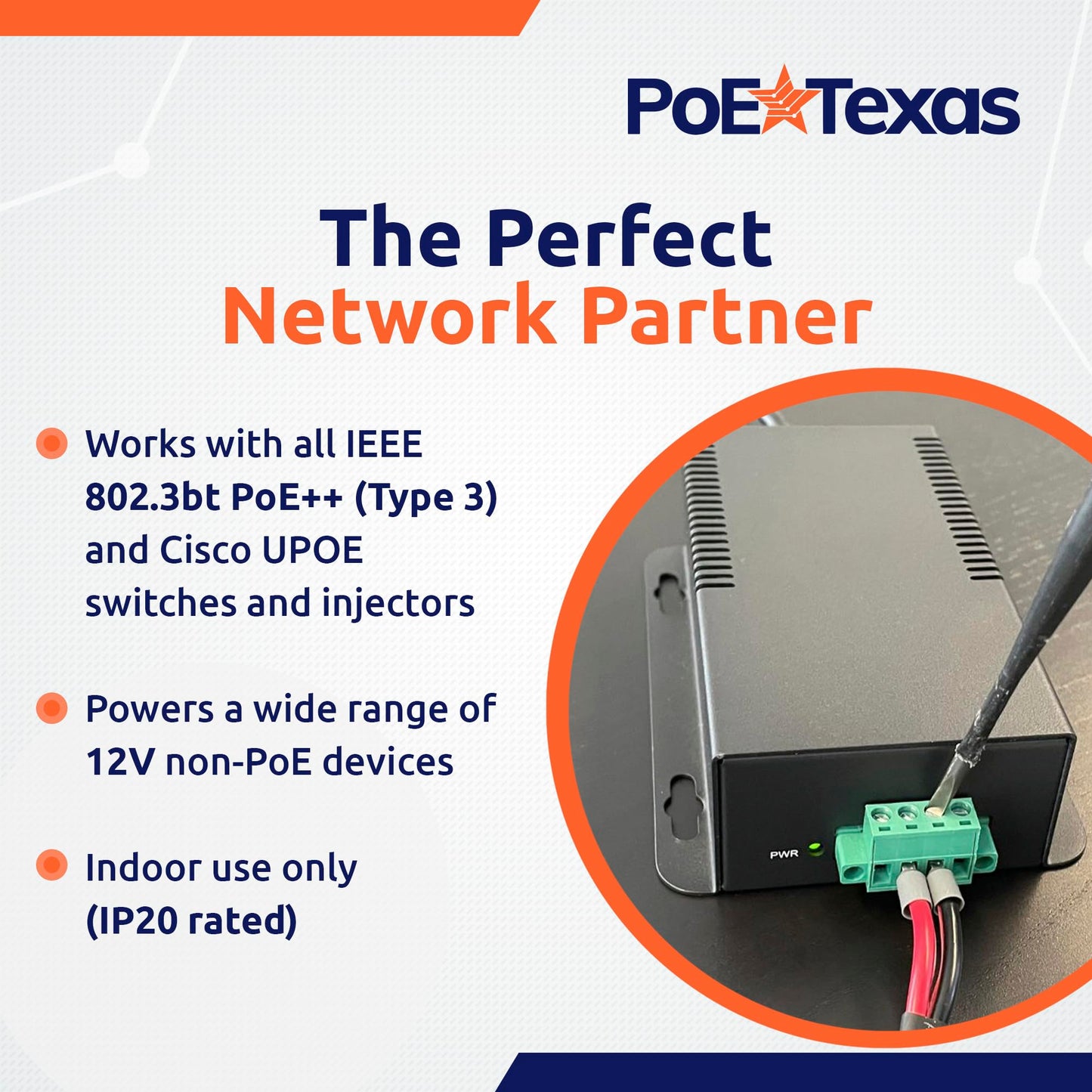 PoE Texas 802.3bt PoE++ to 12V Splitter with 60W Output - Works with Cisco UPOE & 802.3bt Switches - Gigabit Data Splitter with Phoenix Connector for Tablet Computers, Wireless APs, Network Cameras