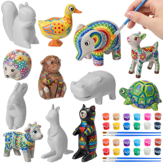 DoubleFill 12 Pcs Rock Painting Kit Paint Your Own Resin Shaped Stone Like Material Animal Figures Ideal DIY Arts and Crafts Complete Painting Crafts with Paint, & Brush