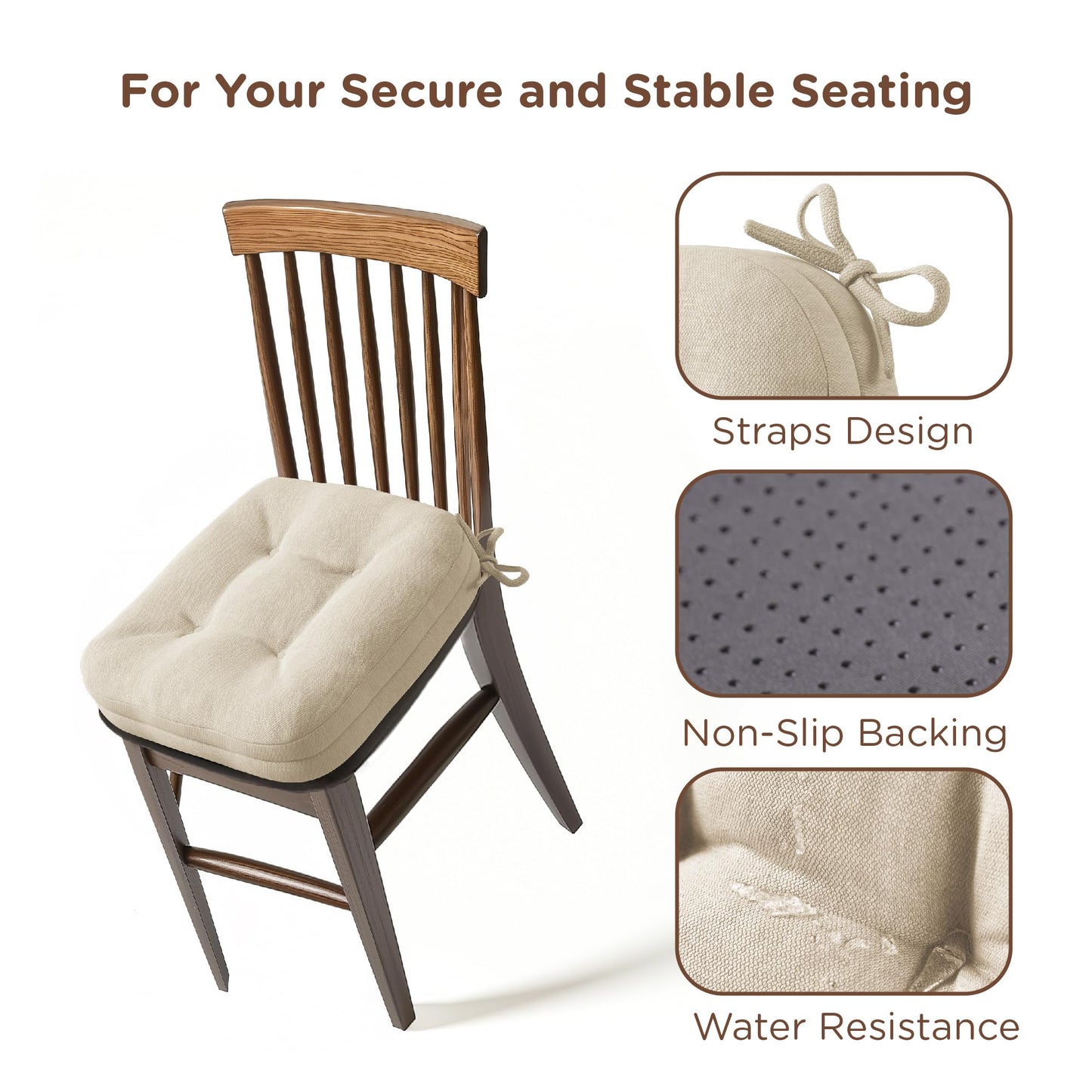 Codi Dining Chair Cushions 4 Pack, Thick Chairs Pads for Indoor Kitchen Room - Washable, Non-Slip Seat Cushion with Ties, 16.5"x16.5"x 3.5", Set of 4, Beige