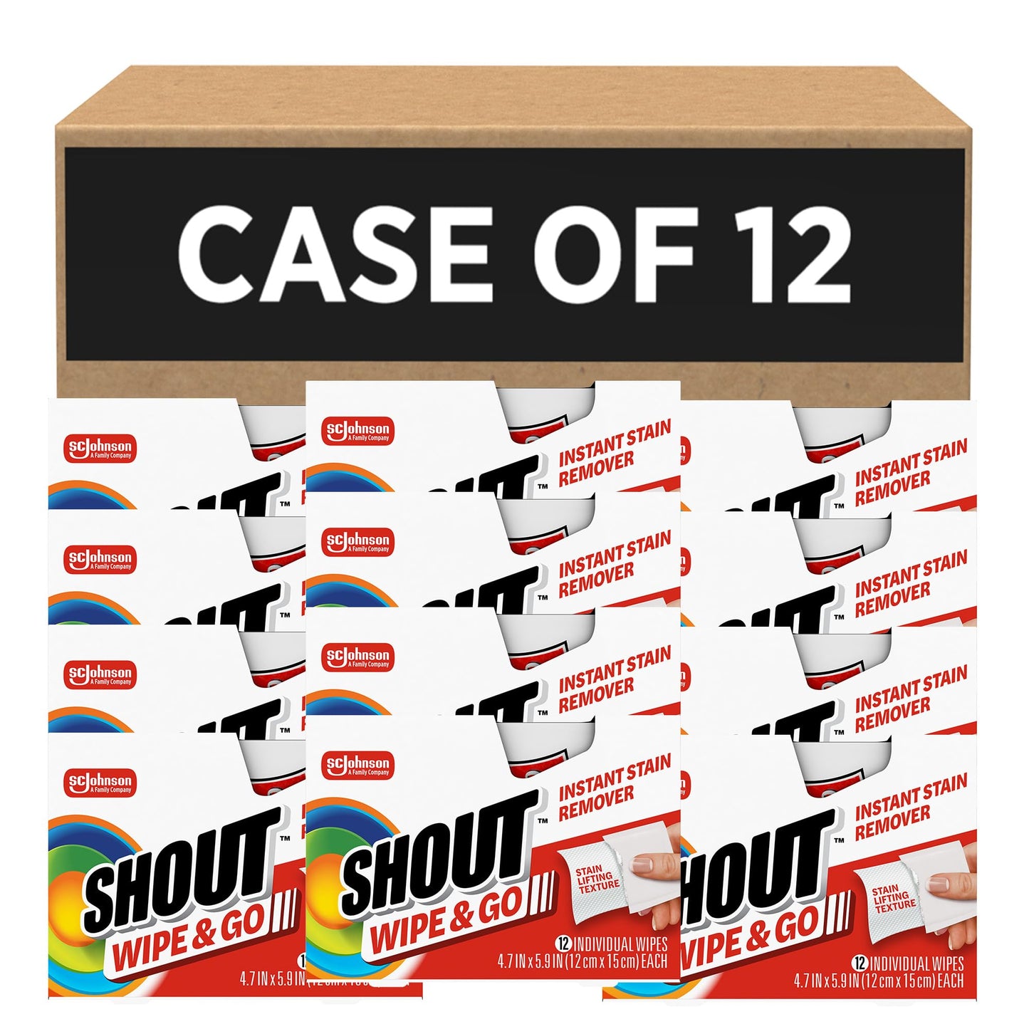 SC Johnson Professional Shout Wipe & Go Instant Stain Remover Wipe, 12 Each, 12 Count, 144 Total Wipes