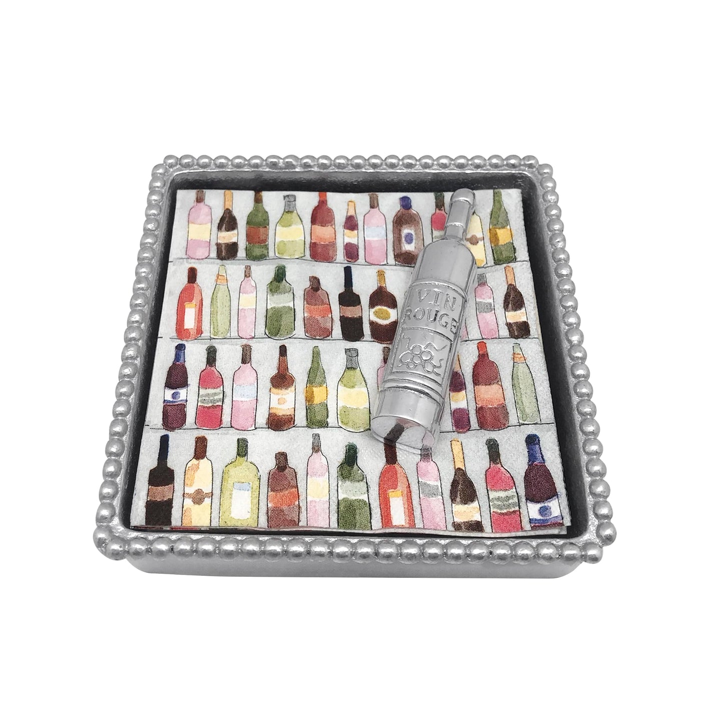 MARIPOSA WINE BOTTLE BEADED NAPKIN BOX SET | SILVER | BRILLANTE | GIFTS | NAPKIN BOX & WEIGHT SET | RECYCLED SANDCAST ALUMINUM | HANDMADE IN MEXICO