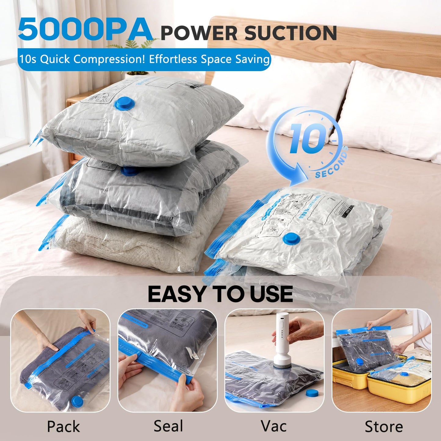 15 Pack Vacuum Storage Bags for Travel with Rechargeable Cordless Pump, Space Saver Bags for Clothes, Compression Packing Bags for Luggage and Suitcase,Blue