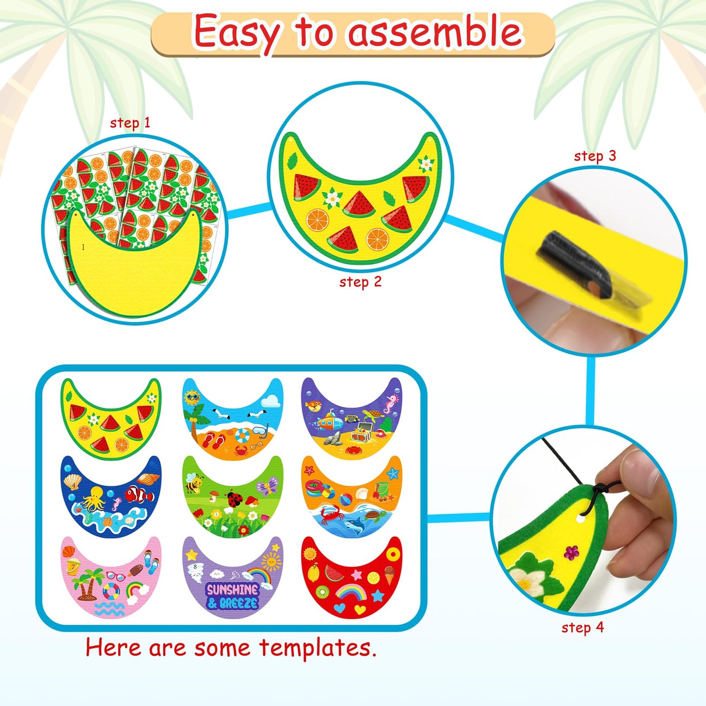 30Sets Summer Felt Visor Hats Crafts Kits for Kids Bulk, DIY Beach Sun Visor Hat Activities with Stickers for Hawaiian/Luau/Under-the-Sea Party Supplies