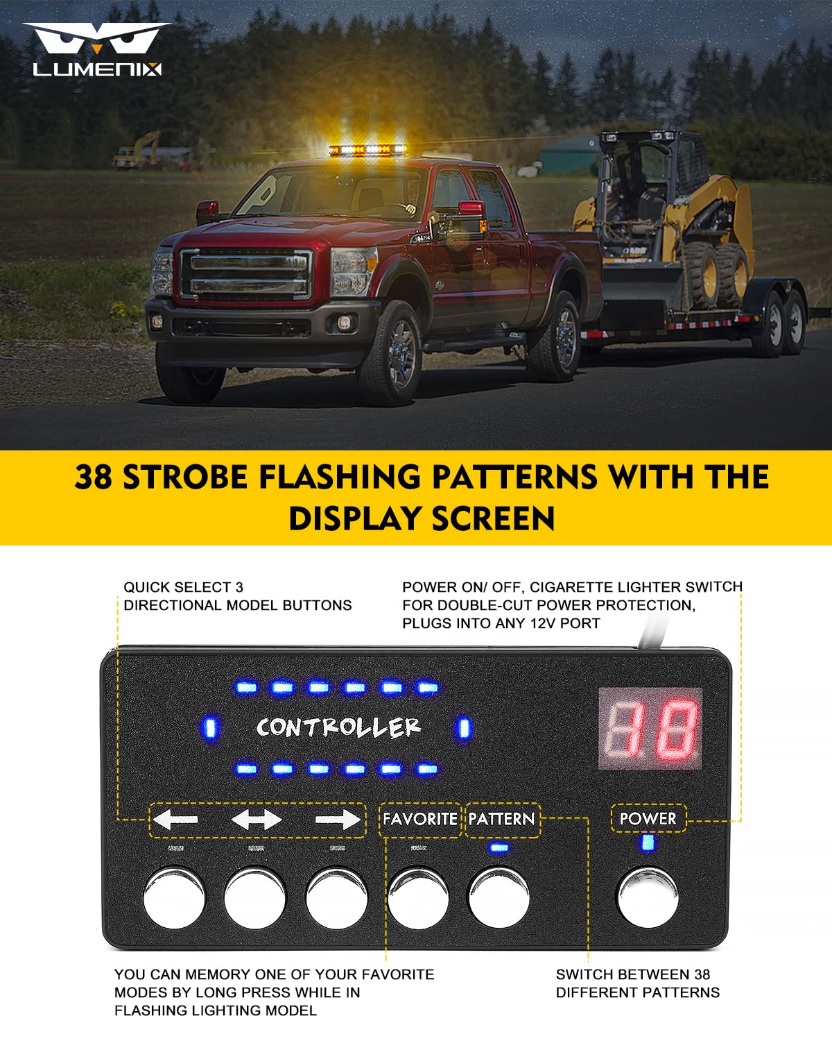 LUMENIX LED Rooftop Strobe Beacon Lights Bar w/Controller Magnetic Emergency Traffic Warning Flashing Plow Light for Construction Vehicles Trucks Snowplow Postal Mail Cars -White Amber (Patent Design)
