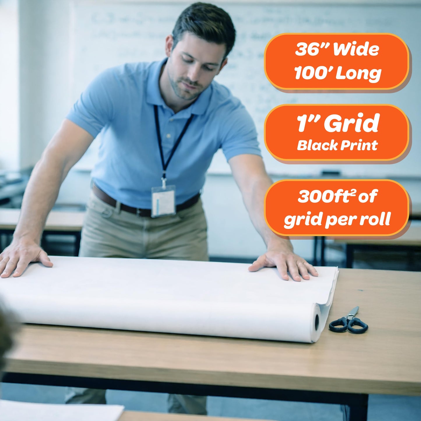Geyer Instructional 1 Inch Graph Paper Roll – 36” x 100’ Black Grid, Large Format Blueprint Paper, 24 lb Bond for Classroom, STEM, Math & Design Projects