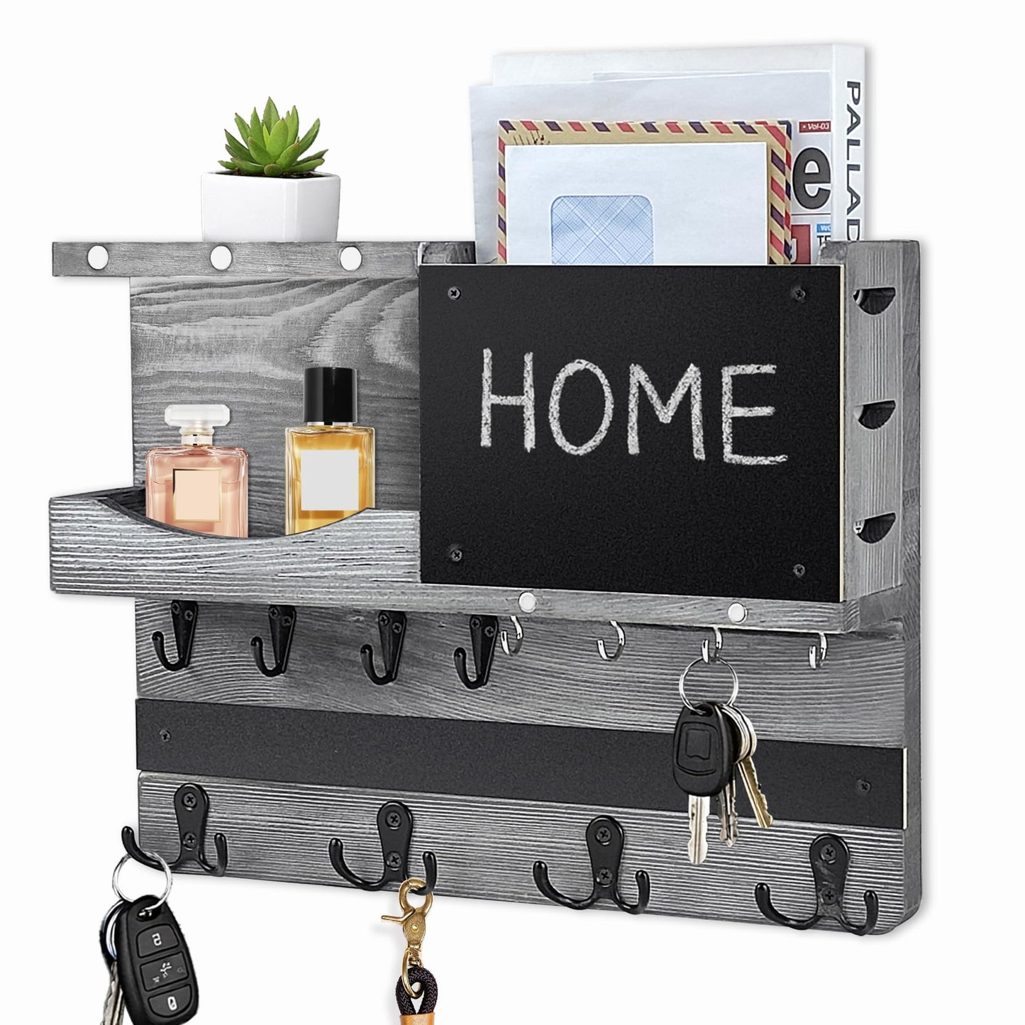 HEKOOLA Key Holder for Wall Mount with Shelf and Mail Organizer, Key and Mail Holder with 16 Hooks, Farmhouse Entryway Organizer, Home Decor Rack(Pine Wood,Washed Gray)