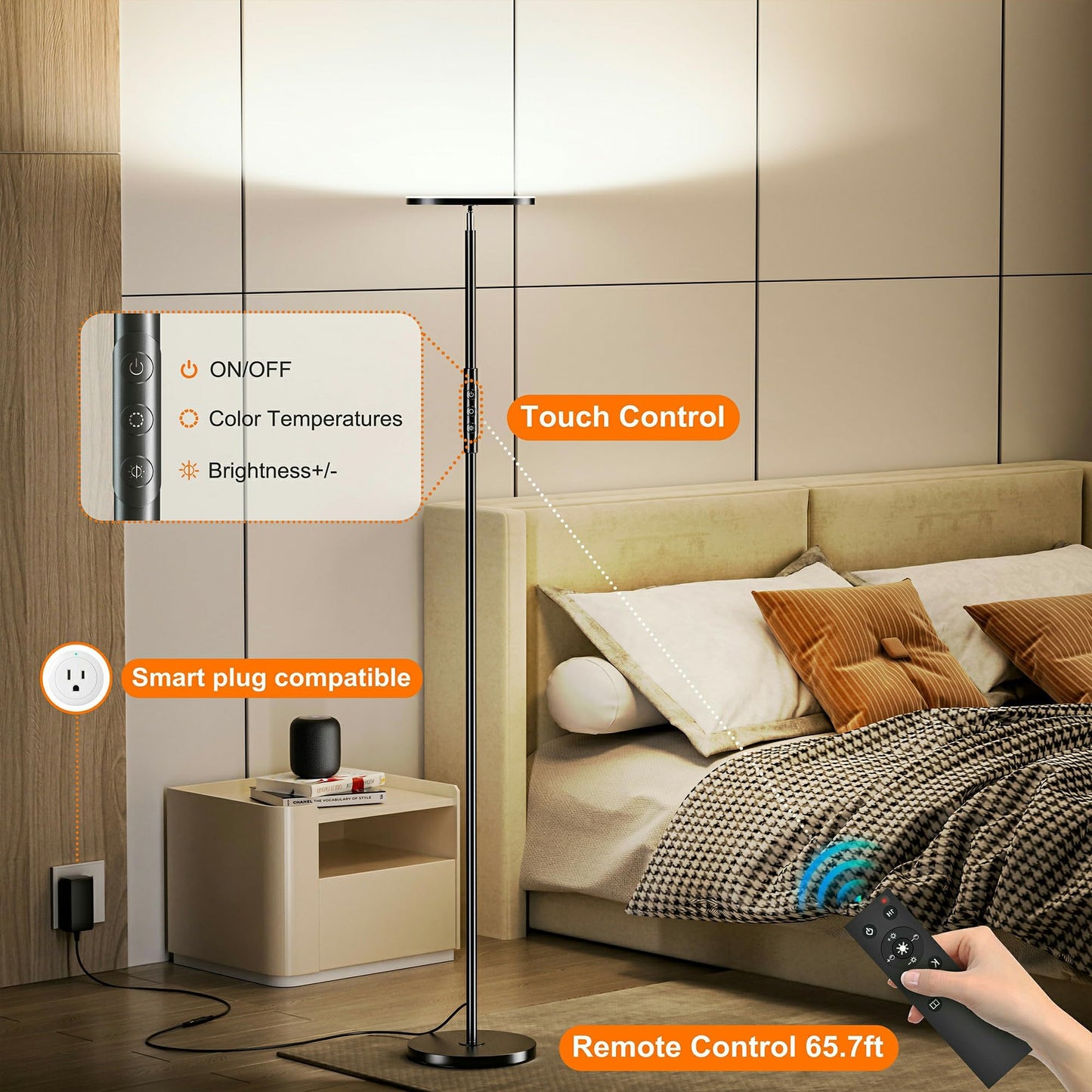 Yikuneng Super Bright Floor Lamp for Living Room, Stepless Dimmable LED Standing Lamp with Remote and Touch Control, 69” Tall Torchiere Corner Lamp for Bedroom Office Hotel, Black