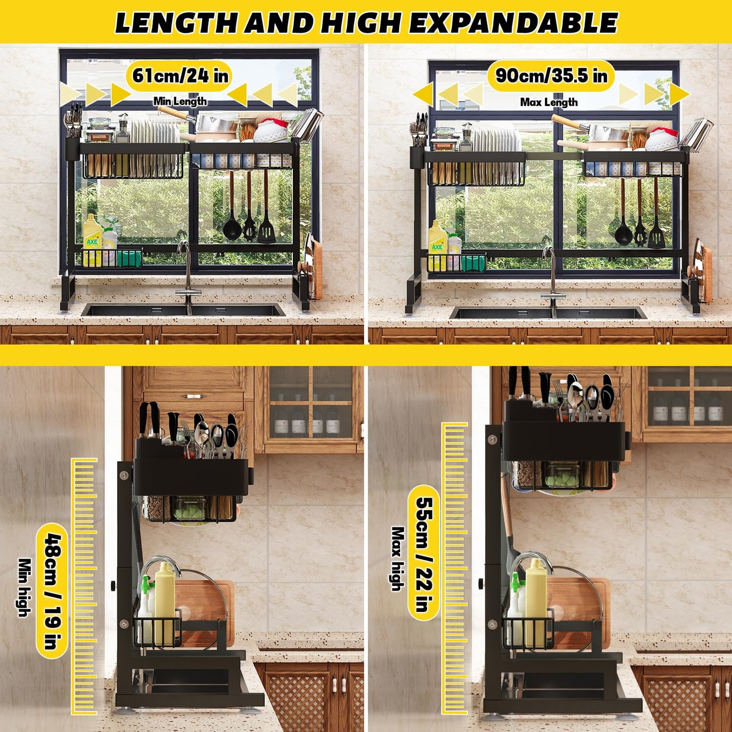 ilvvan Over Sink Dish Drying Rack (Expandable Height/Length) Snap-On Design Large Dish Drainer Storage Counter Organizer 24" - 35.5"(L) x 12"(W) x 19" - 22"(H)