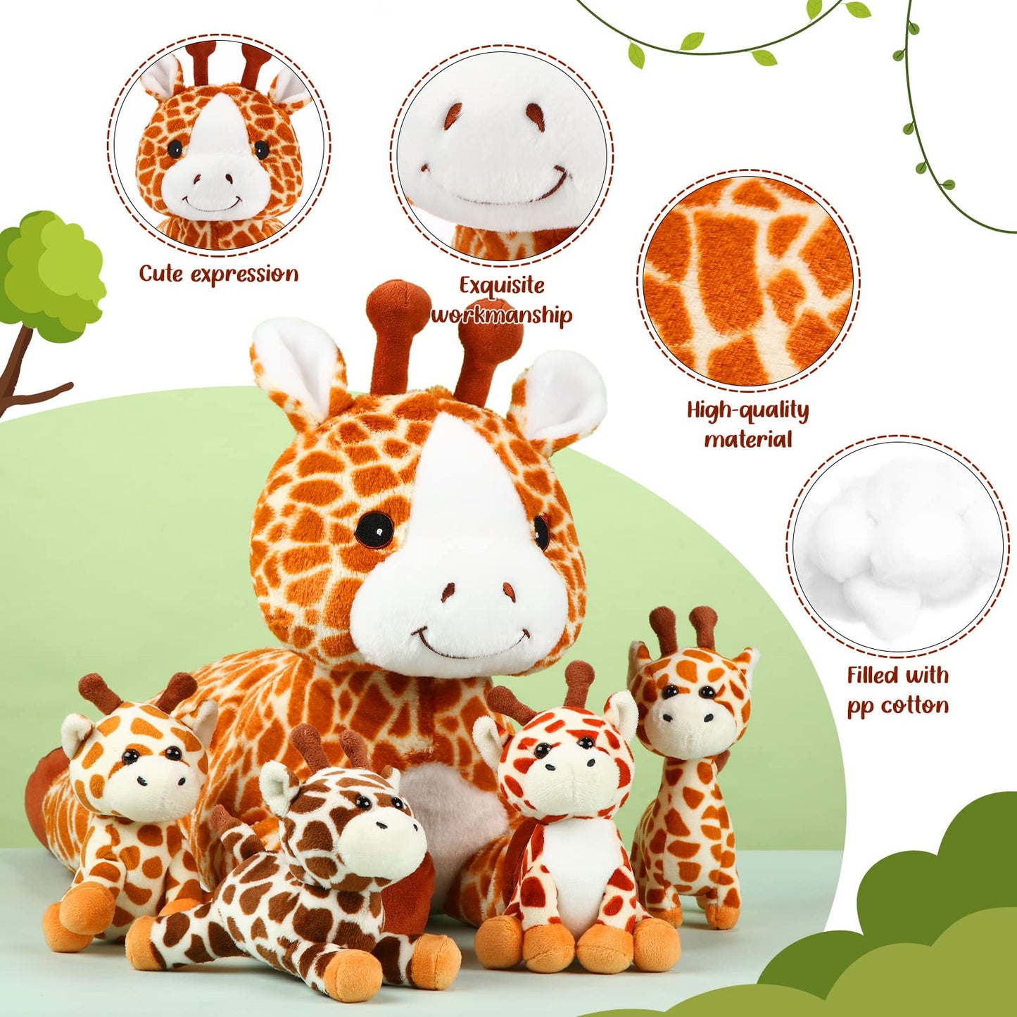 Honoson 5 Pcs Giraffe Stuffed Animals Set 18'' Large Mommy Giraffe Plush with 4 Cute Baby Zippered Tummy Soft Gift for Boy Girl Birthday Easter Favor Forest Party(Grovel)