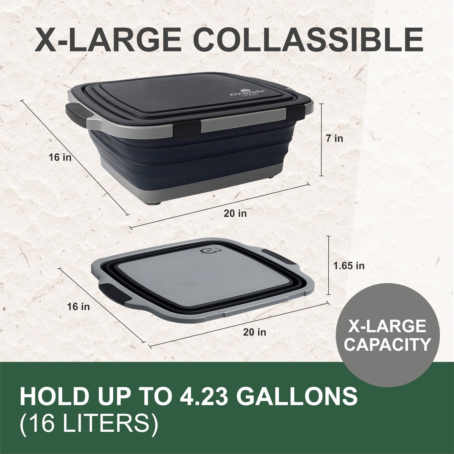 BBQ Prep Tub Collapsible X-Large with Cutting Board, Locking Lid – Meal Prep Food Prep Containers with Lids for Resting Meat –3 Adjustable Height - Ideal for Camping, Picnic, Dish Basin