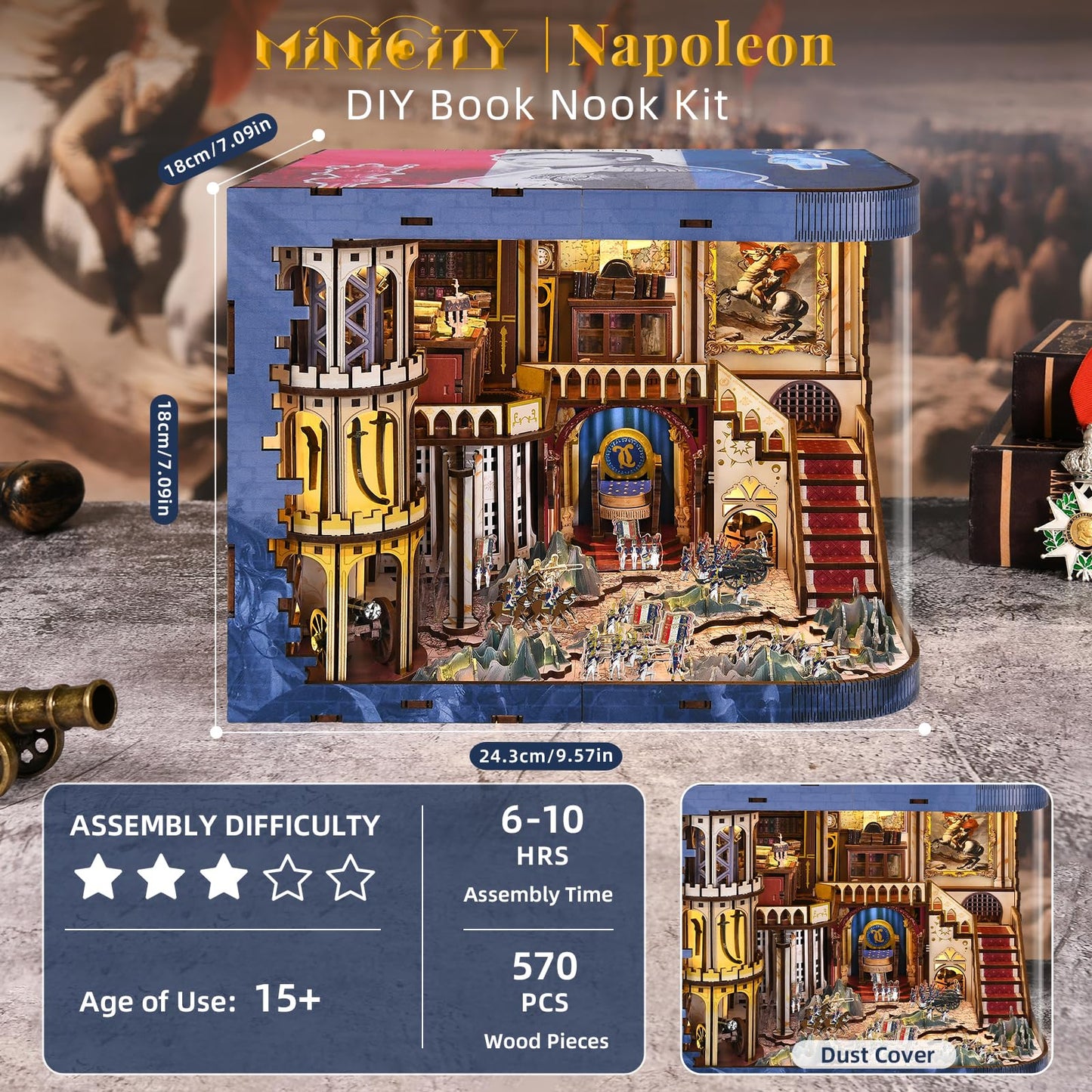 MiniCity DIY Book Nook Kits for Adults, Miniature Dollhouse Booknook Kit, 3D Wooden Puzzle Creative Decorative Bookends Bookshelf Diorama Insert Crafts Hobbies Gifts (Napoléon)