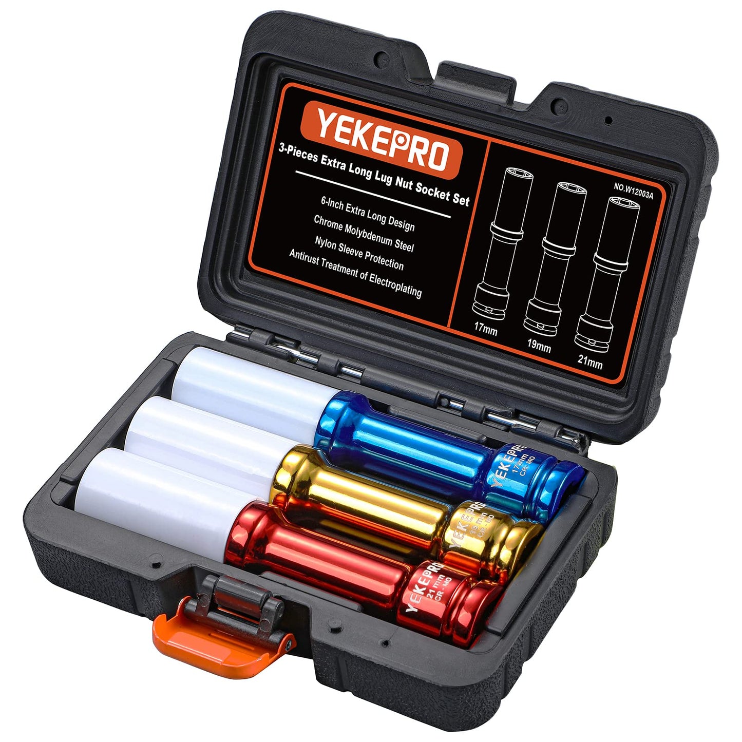 YEKEPRO Lug Nut Socket Set 1/2" Drive Impact Tools, Non-marring & Thin Wall Lug Nut Socket Set, Extra Long 150mm Deep Socket for Wheel Lug Nut Remover, 3pcs Metric Sizes 17 19 21mm, 6 Point, W12003A