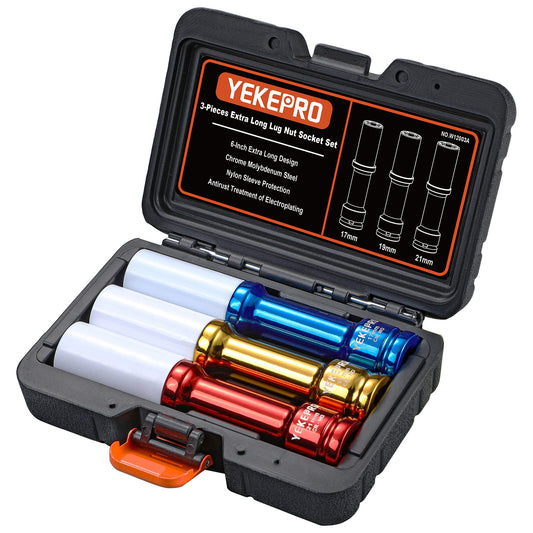 YEKEPRO Lug Nut Socket Set 1/2" Drive Impact Tools, Non-marring & Thin Wall Lug Nut Socket Set, Extra Long 150mm Deep Socket for Wheel Lug Nut Remover, 3pcs Metric Sizes 17 19 21mm, 6 Point, W12003A