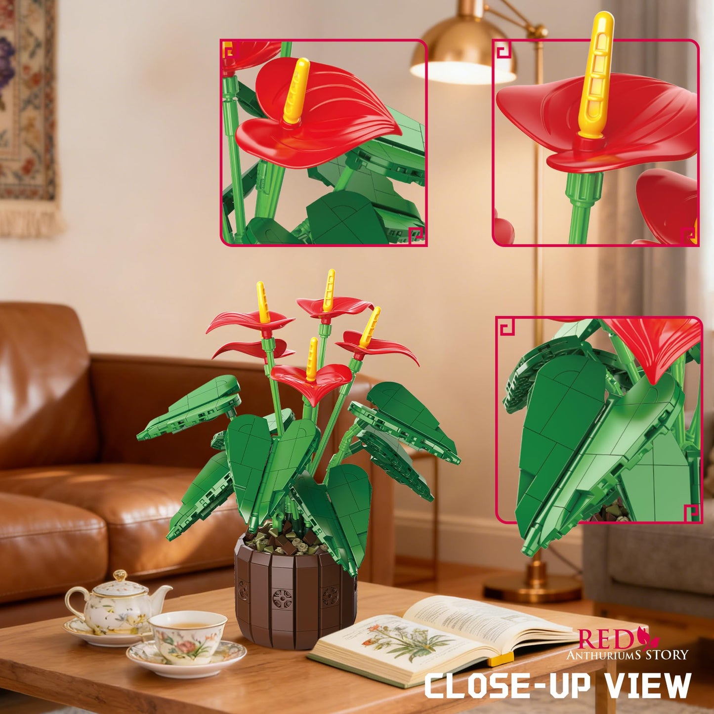 ZONECYTD Flowers Botanicals Anthurium Building Set, Artificial Plants Bonsai Collection for Women Adults 732pcs