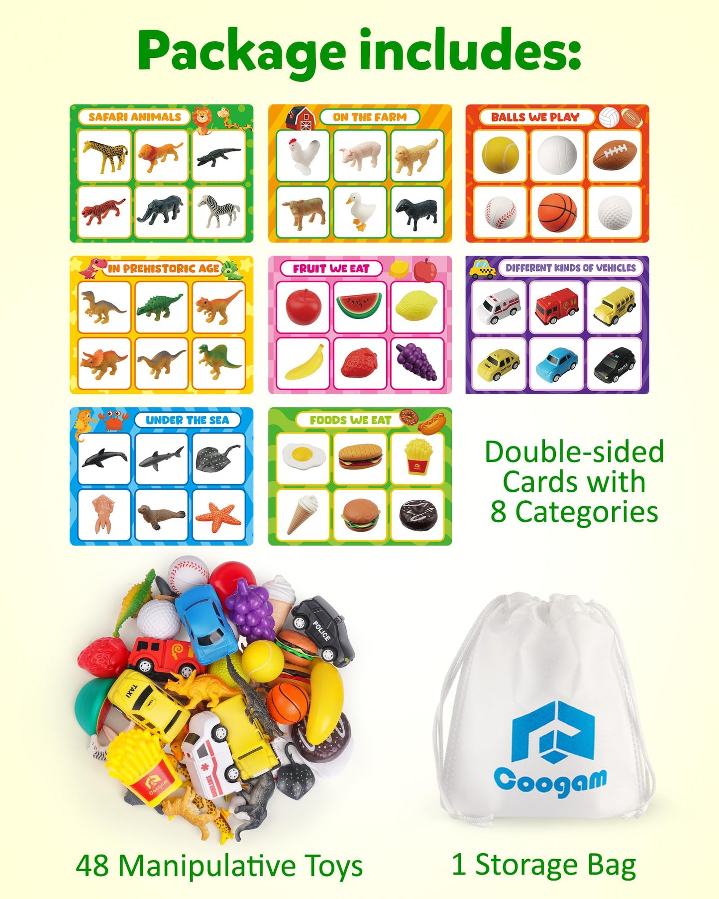 Sorting Toy for Toddlers, Animals Dinosaurs Fruits Vehicles Foods Fishes Balls Farm Playset, Fine Motor Montessori Game Preschool Educational Learning Gift