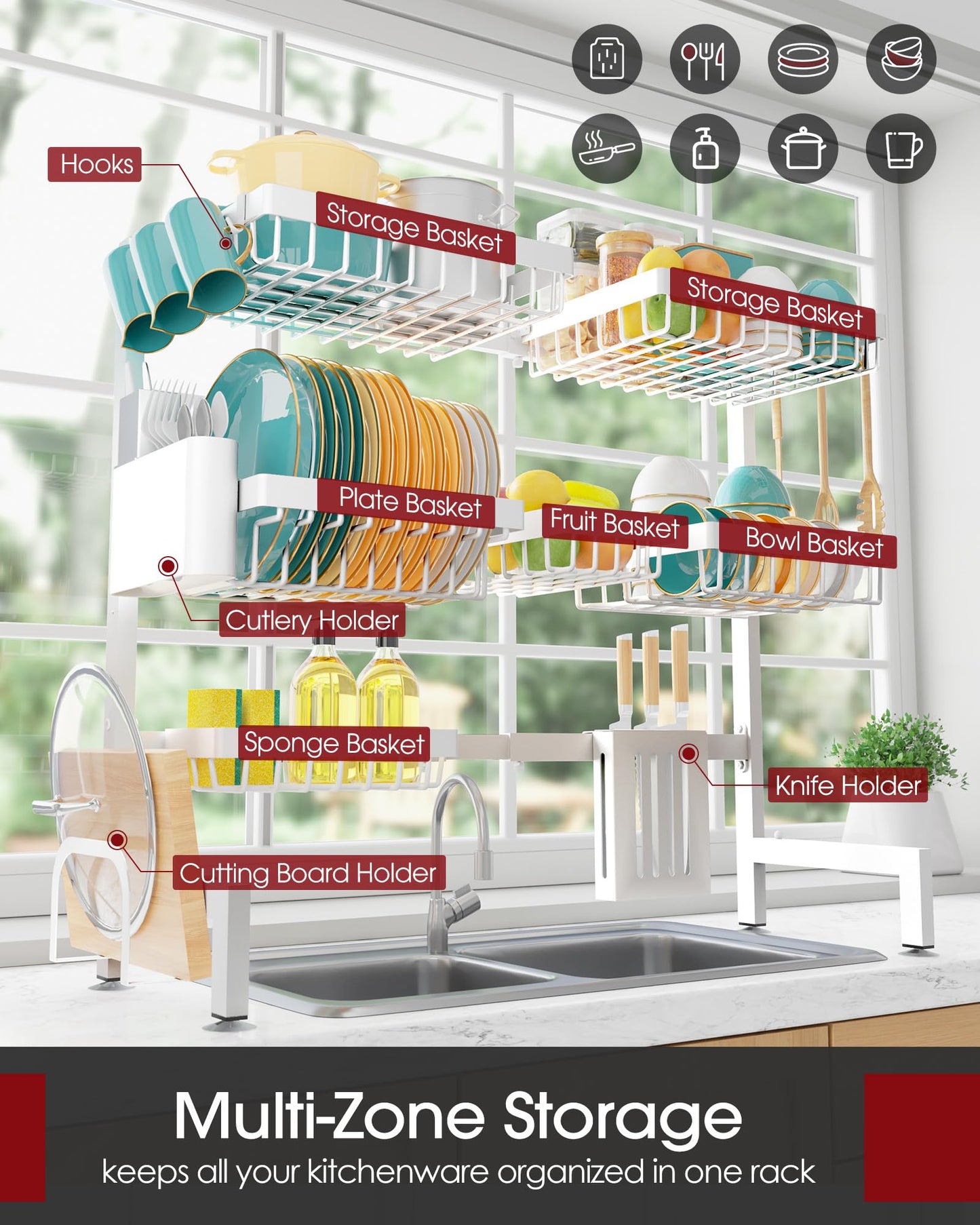 Sakugi Over The Sink Dish Drying Rack - Adjustable 3 Tier XX-Large Capacity Stainless Steel Drainer with Cutlery & Utensil Holders, Kitchen Storage & Organization, 31.5"-39.5"L x 12"W x 30.5"H, White
