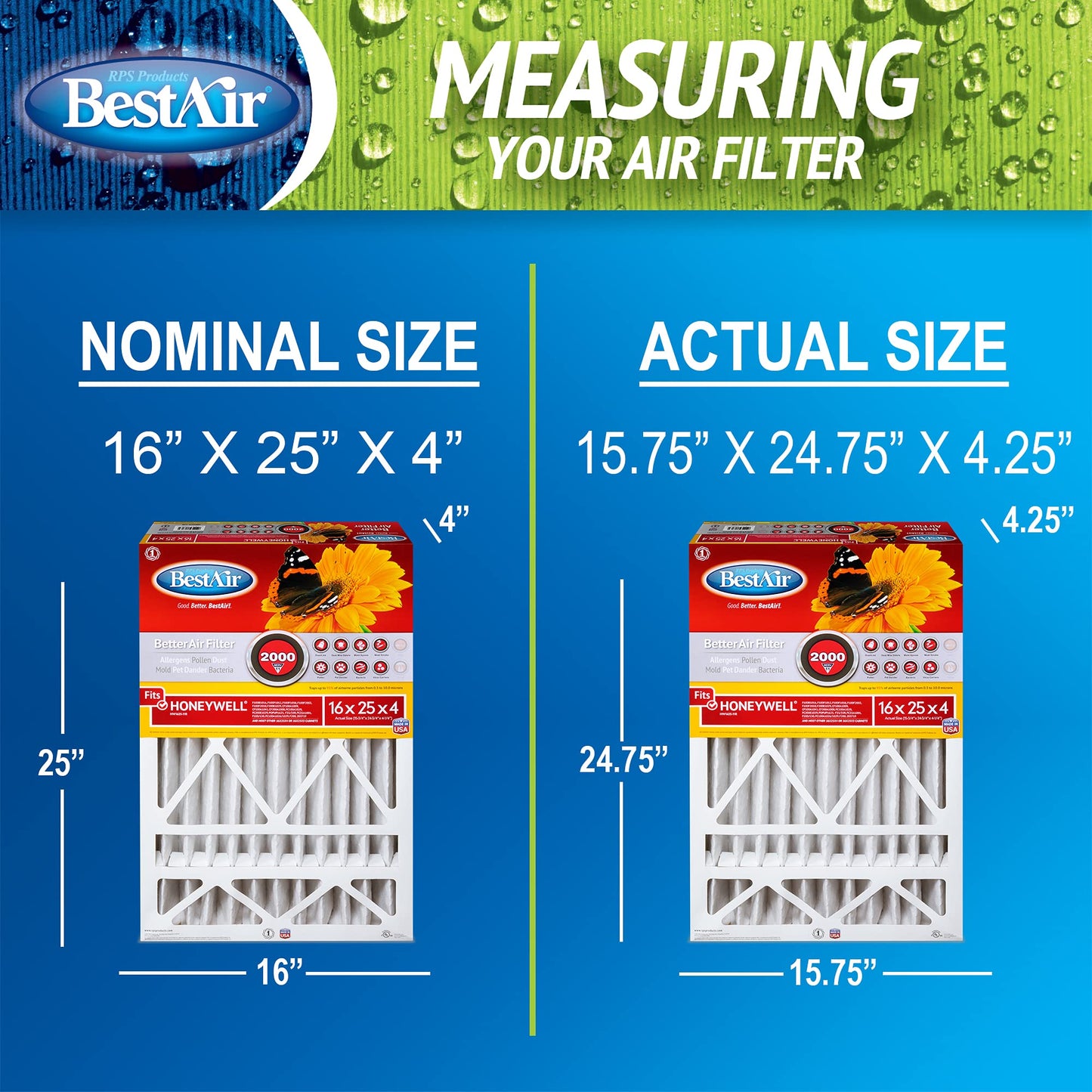 BestAir HW1625-11R AC Furnace Air Filter, 16" x 25" x 4", MERV 11, Removes Allergens & Contaminants, Fits 100%, For Honeywell Models, Pack of 3
