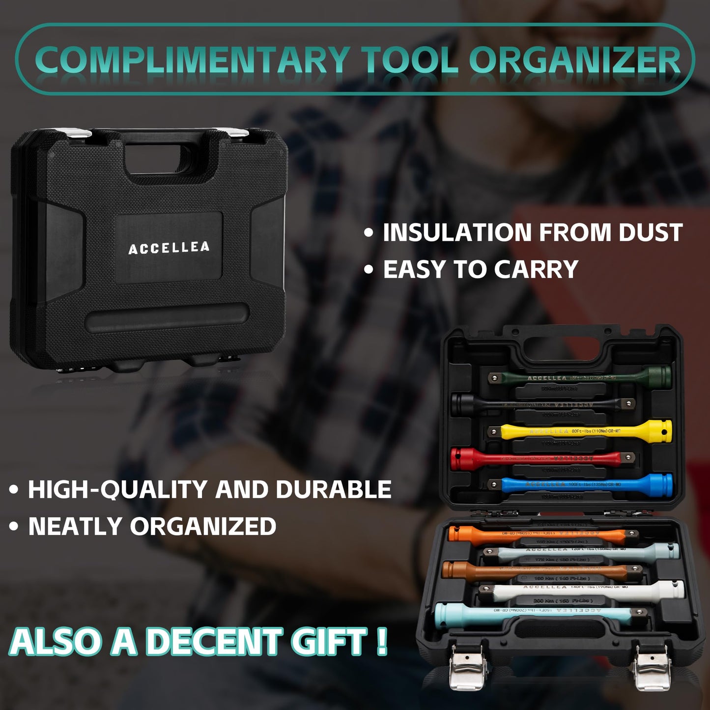 ACCELLEA 10-Piece Torque Limiting Extension Bar Set, 1/2" Drive, 8" Long, 65-150 Ft-lbs, CR-MO, SAE Standard, Color-Coded Impact Socket Extension Bar Set with Storage Case, for Tire Repair & Drills