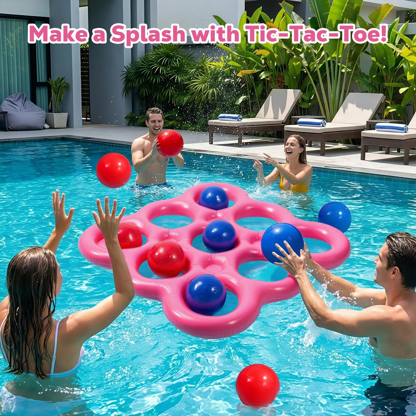MoKo Pool Water Toys Tic-Tac-Toe Games Set, Inflatable Floats Toy with 10 Balls, Pool Games for Family Party Outdoor Beach Adults Teens Kids 2-10 Players, Lake Blue