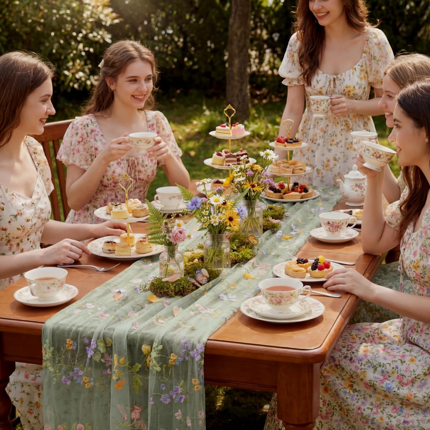 Windkream Sage Green Floral Table Runner 10ft Embroidery Tulle Spring Wildflower Table Runner Seasonal Summer Butterfly Kitchen Dining Gauze Decoration for Wedding Baby Shower Birthday Party (3 Pcs)
