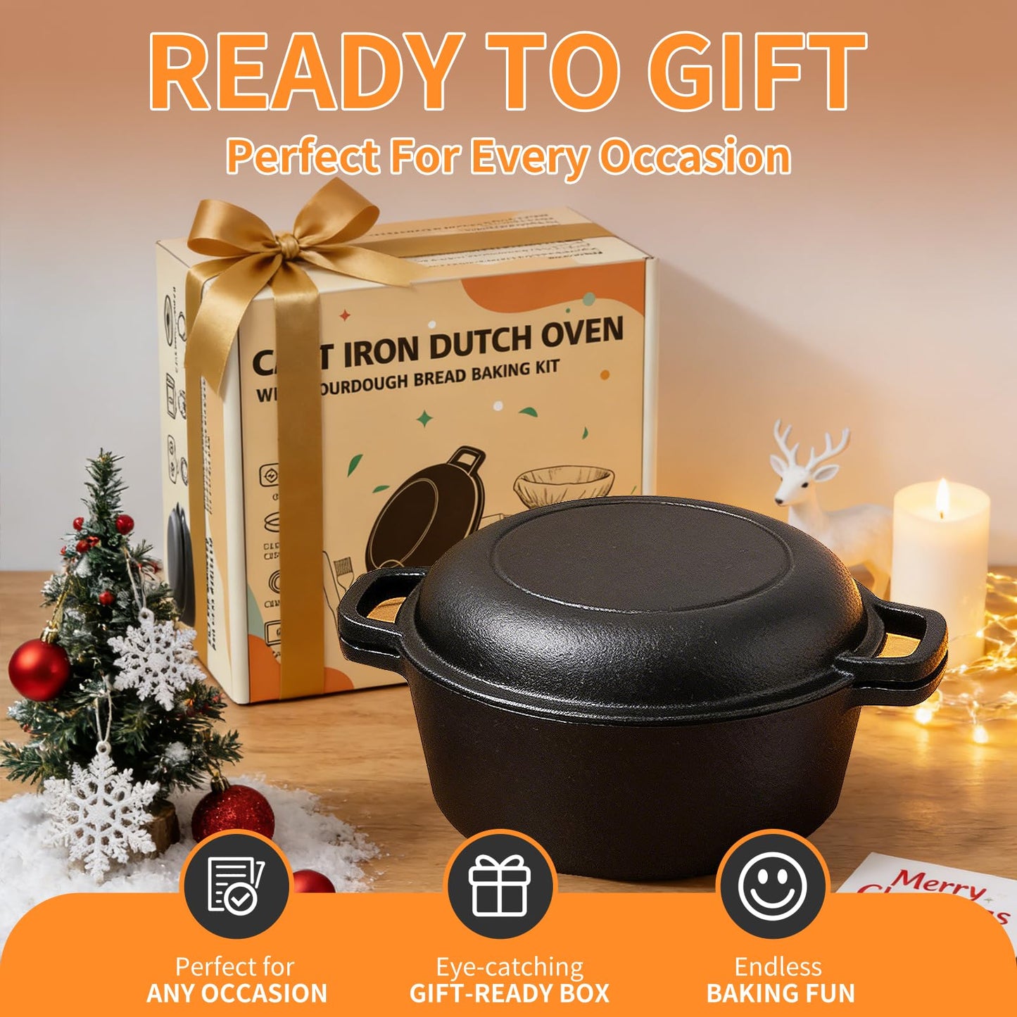 Pre-Seasoned Cast Iron Dutch Oven for Bread Baking - incl. Sourdough Bread-Baking Supplies like Proofing Basket, 2-in-1 Dutch Oven Pot with Skillet Lid and Dual Handles, Sour Dough Tools, Lame, 5QT