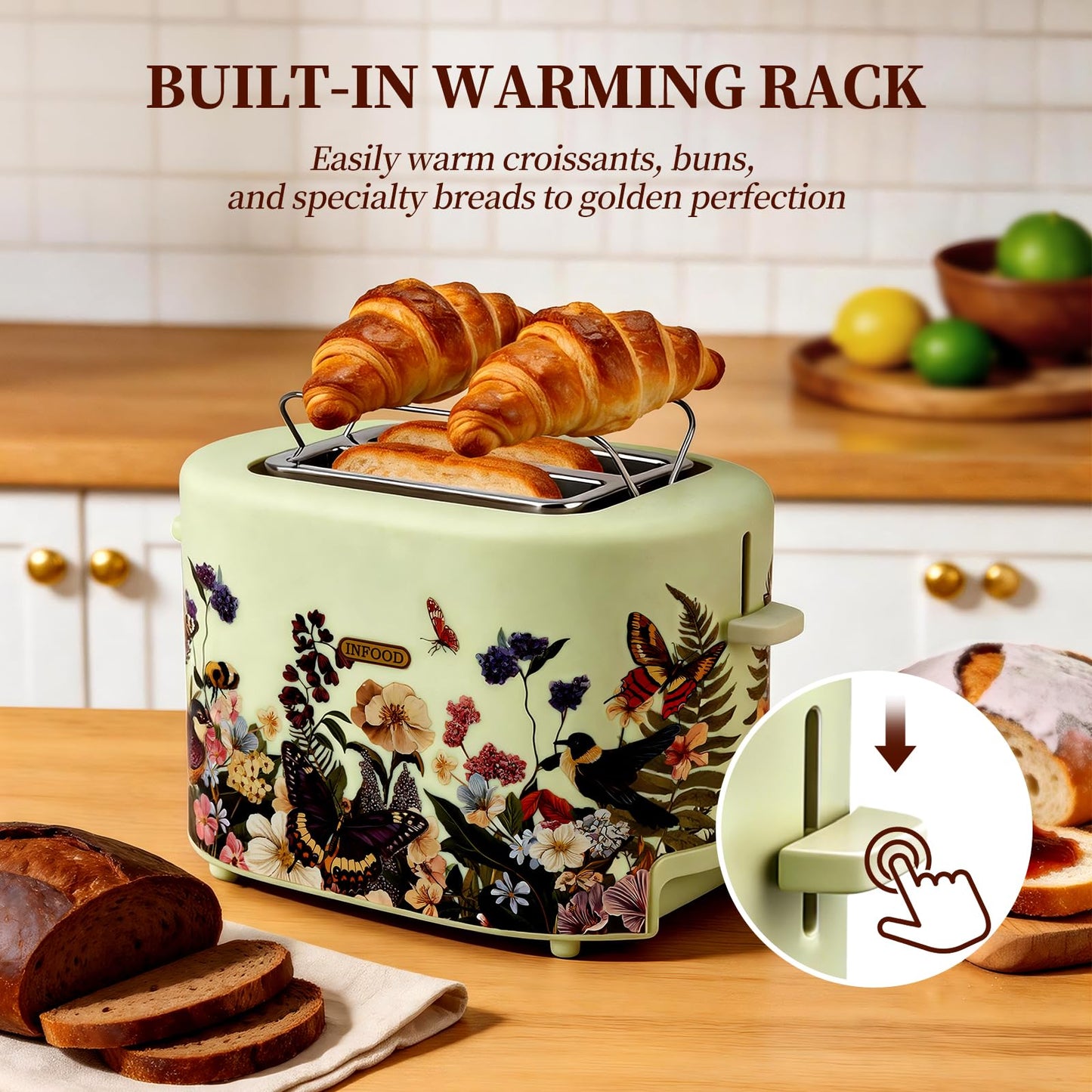 INFOOD Retro Toaster 2 Slice - 6 Toast Settings, Cancel/Defrost/Reheat Buttons, Built-in Warming Rack & Removable Crumb Tray, 1.5 Inches Extra Wide Slots, 750W, Floral Design