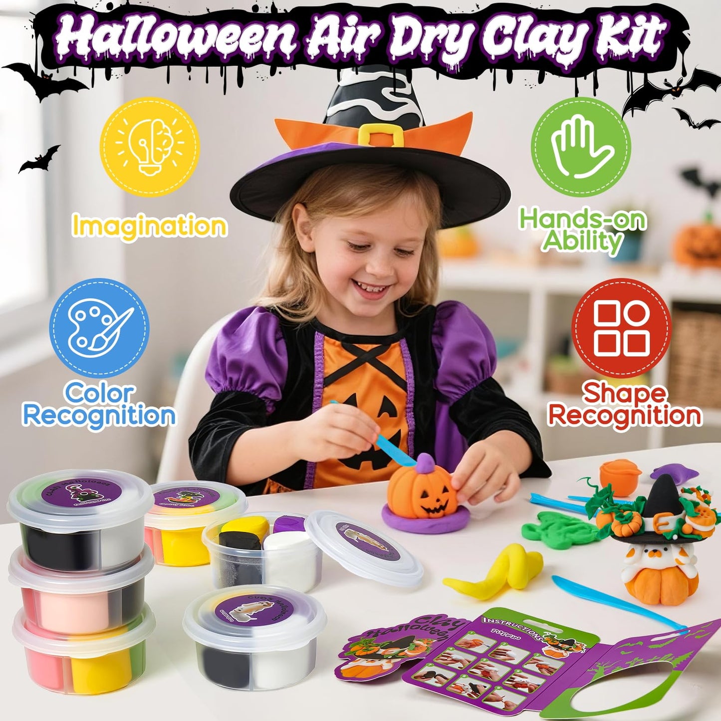 Winrayk Halloween Air Dried Clay Kit for Kids, 12 Boxes of Magic Molding Clay with Carving Tools and Tutorials, Halloween Gifts, Toys and Crafts for Kids