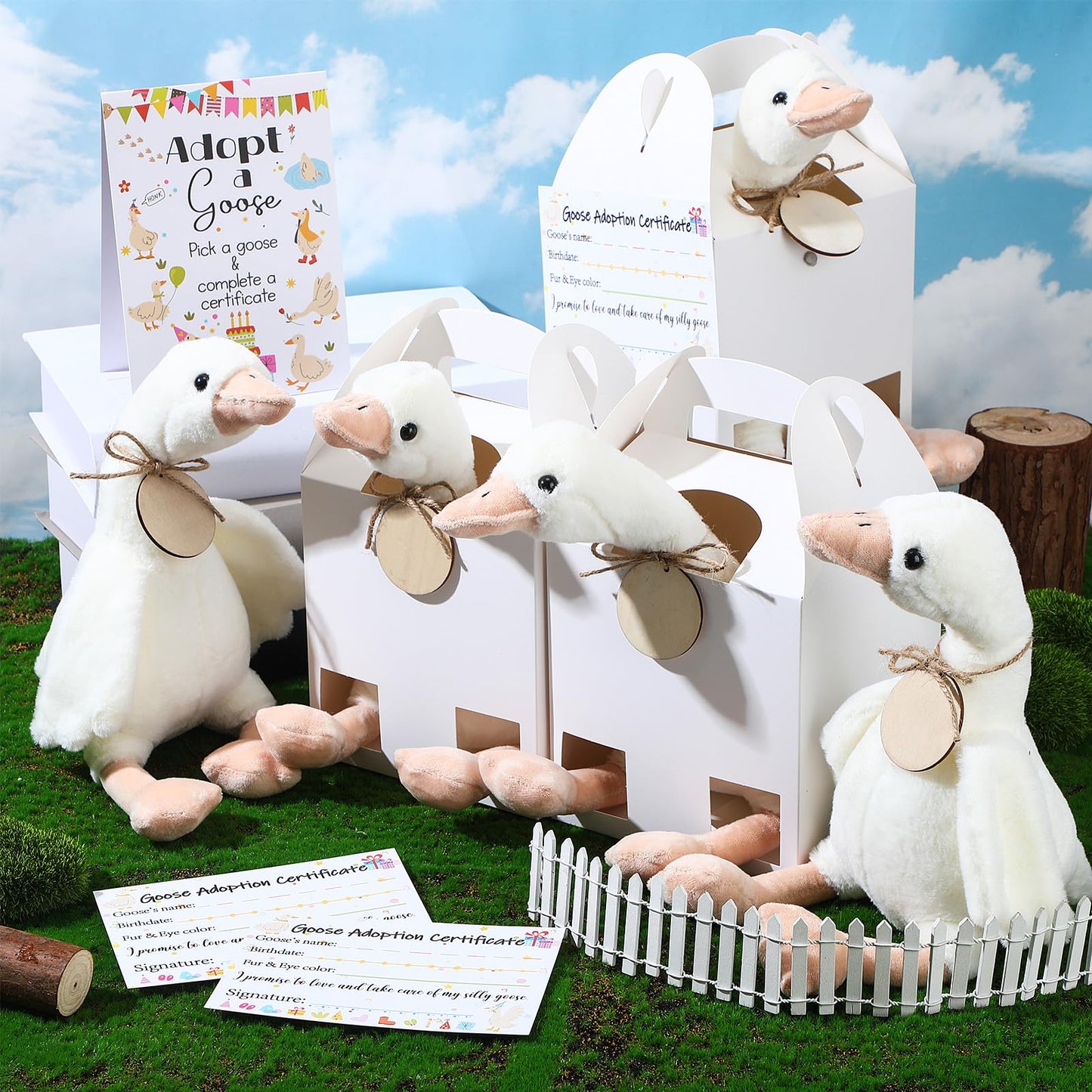 HyDren 33 Pcs Adopt Pet Party Favors Include Adoption Sign 8 Animal Adoption Certificate 8 Plush Pet Stuffed 8 Birthday Hats 8 White Paper Boxes for Adopt a Animal Birthday Party Favor (8 Goose)