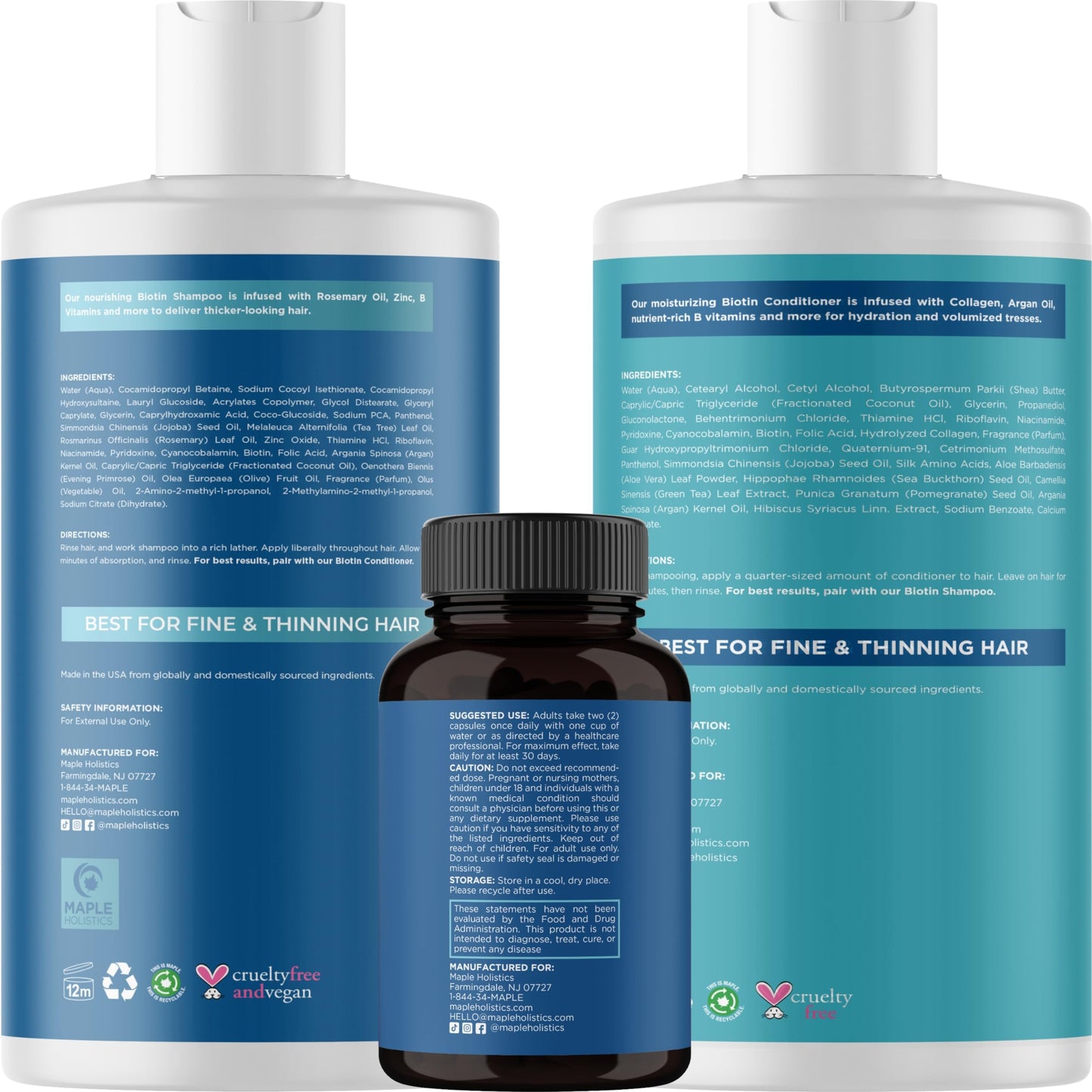 Biotin for Hair Growth Treatment Set - Biotin Shampoo and Conditioner Set Sulfate Free plus Hair Loss Supplement for Women & Men with Saw Palmetto Horsetail Collagen and Keratin (2 Month Supply)