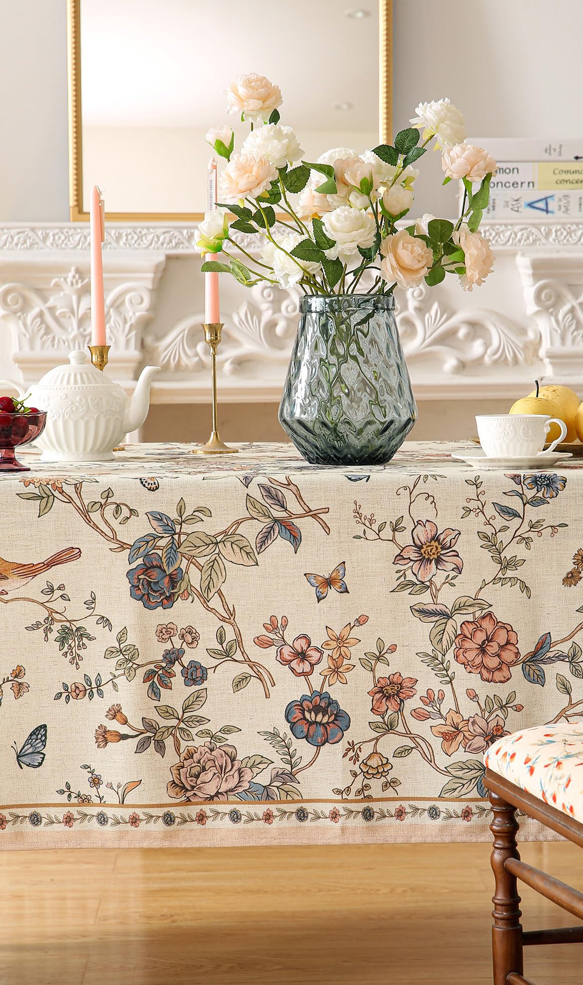 ISAENNE French Tablecloth for Rectangle Tables,Linen Table Cloth with Flowers and Birds Pattern,Heavy Durable Table Cover for Dining Thanksgiving Kitchen Decor Party Banquet Christmas,63"*110"