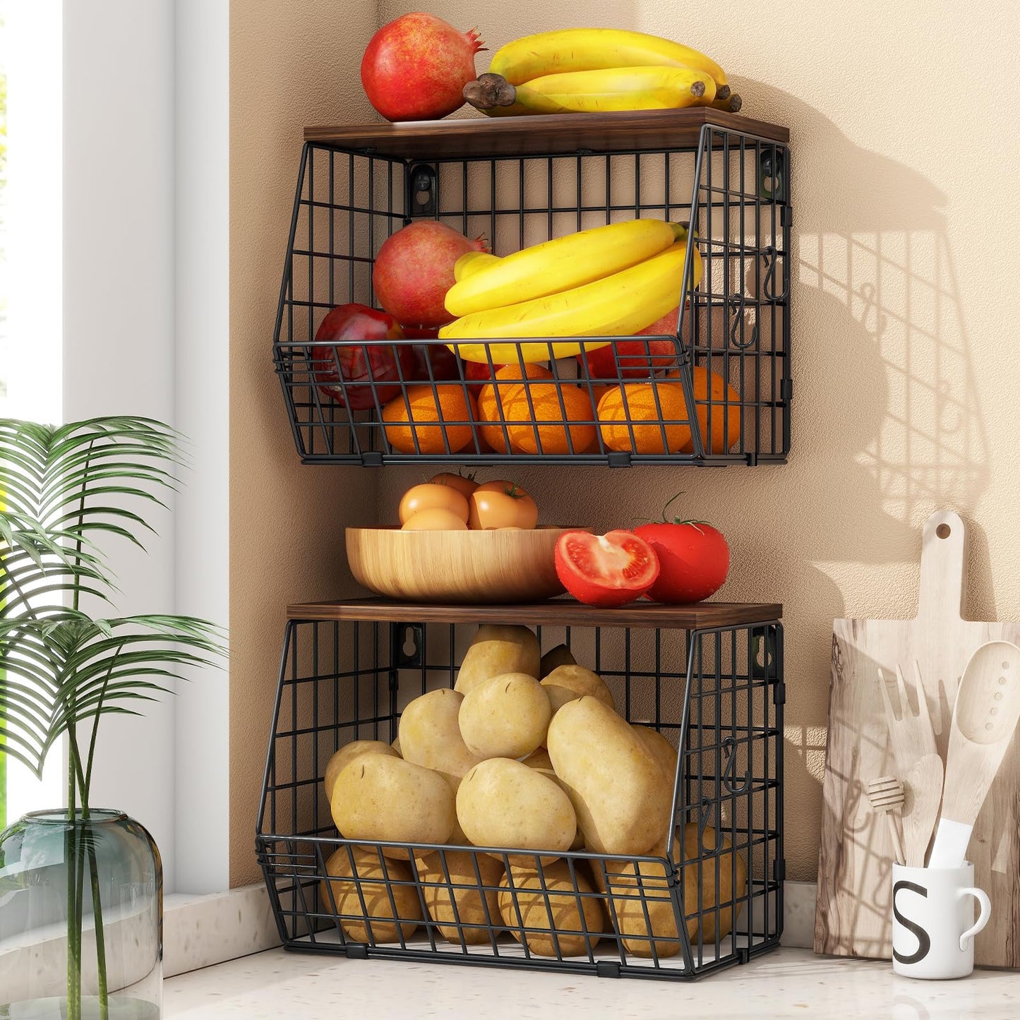 Mefirt 2pcs Fruit Basket Kitchen Storage Basket with Wood Lid, Stackable Wall Basket Fruit Basket for Kitchen, Countertop Organizer for Snack, Fruit and Veggie Storage, 11.8 x 7.9 x 8.5 Inch