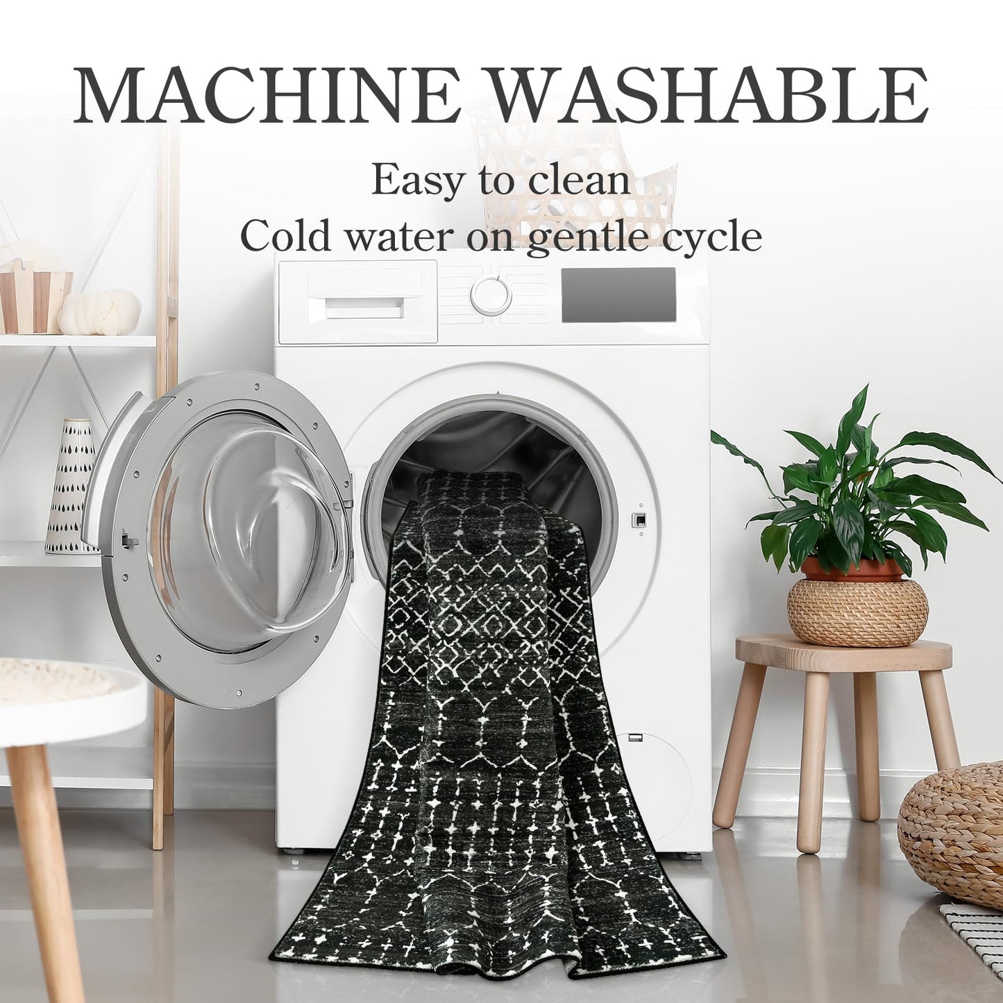 Lahome Moroccan Black Long Runner - Washable Hallway Rug, Ultra-Thin Non Slip Kitchen Runner, Soft Modern Print Indoor Floor Carpet for Entryway Stair (Black, 2'5''x12'')