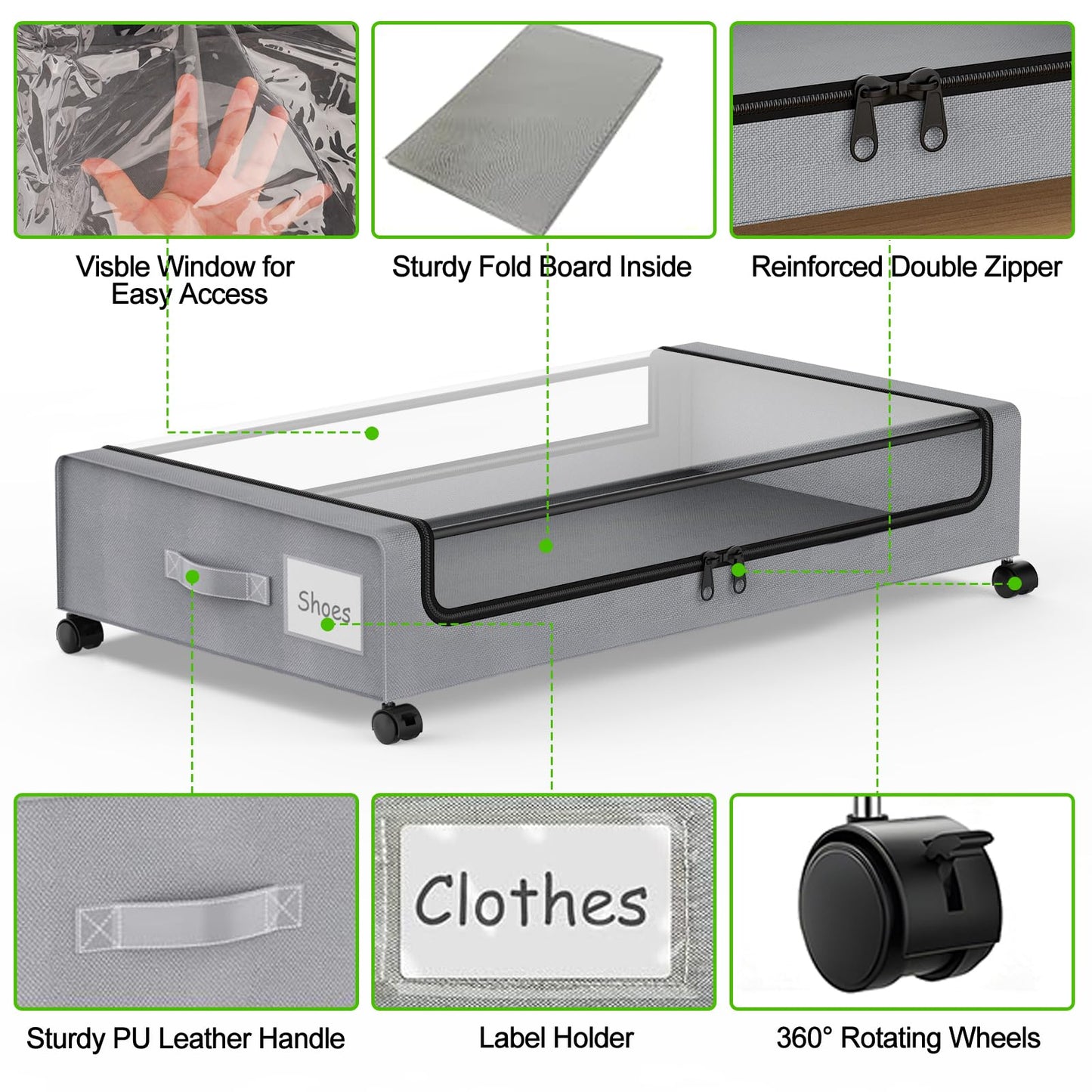 Molutsody Under Bed Storage with Wheels, 2-Pack Underbed Storage Containers with Clear Lids, Under Bed Shoe Storage Organizer Bins, Rolling Under Bed Storage for Clothes Shoes Blankets (Grey)
