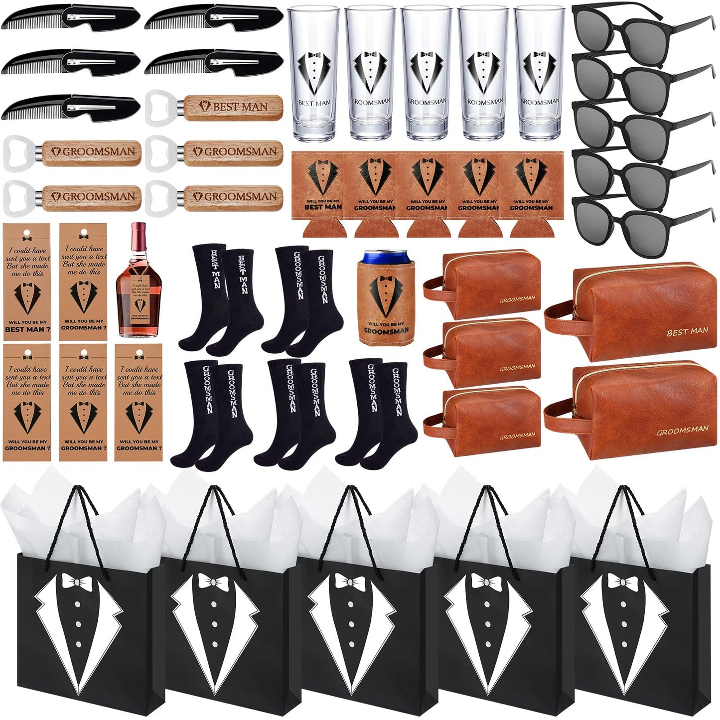 50Pcs Groomsmen Gifts Groomsmen Proposal Box with Shot Glasses Socks Sunglasses PU Leather Toiletry Bag Bottle Opener Can Cooler Groomsman Gifts for Wedding Groomsmen Best Man Gift (50, Brown)