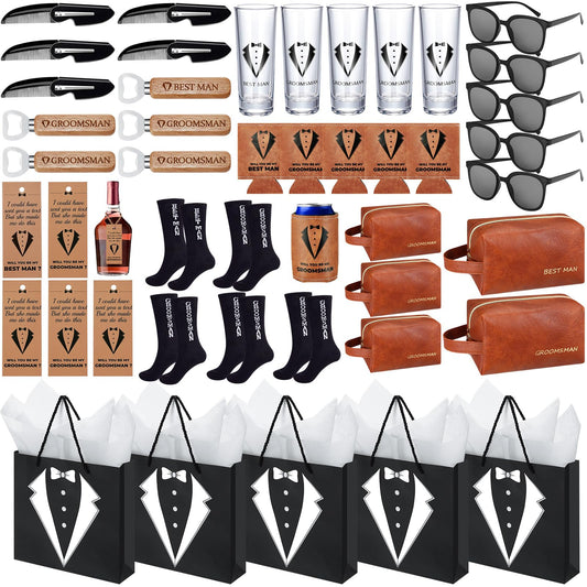 50Pcs Groomsmen Gifts Groomsmen Proposal Box with Shot Glasses Socks Sunglasses PU Leather Toiletry Bag Bottle Opener Can Cooler Groomsman Gifts for Wedding Groomsmen Best Man Gift (50, Brown)