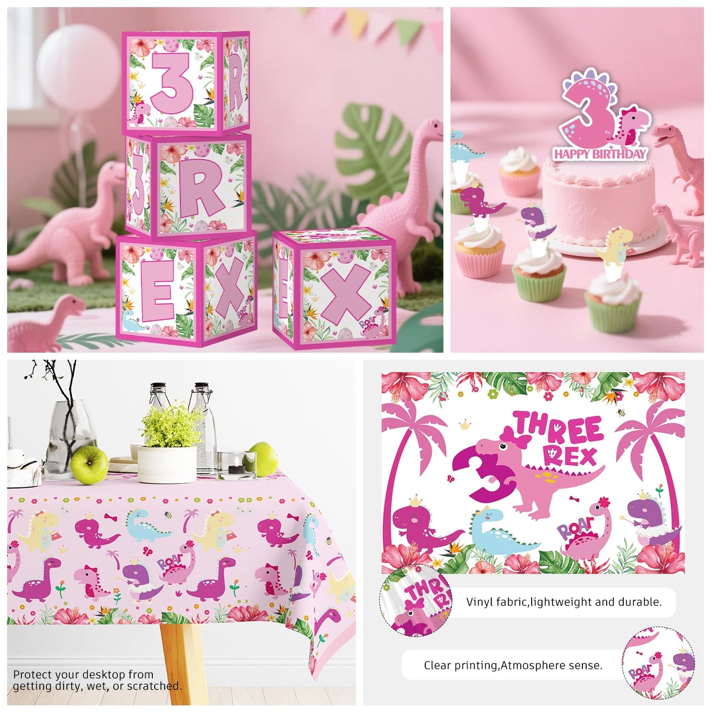 314Pcs Three Rex Birthday Decorations Serves 25 Guests, All-in-One Pink Dinosaur Birthday Decorations Includes Balloon Arch Kit, Banner, Plates, Balloons Box, Tablecloth, Cake Topper
