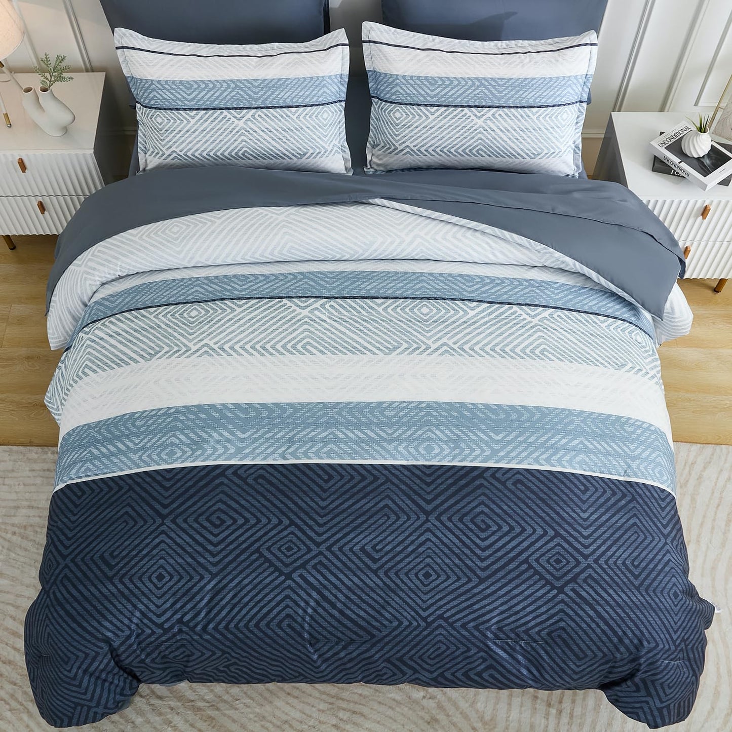 Drucon Comforter Set Queen Size 7 Piece Bed in a Bag Boho Blue Striped Bedding Set Soft Microfiber Comforter and Sheet Set for All Season (Queen, 90"x90")