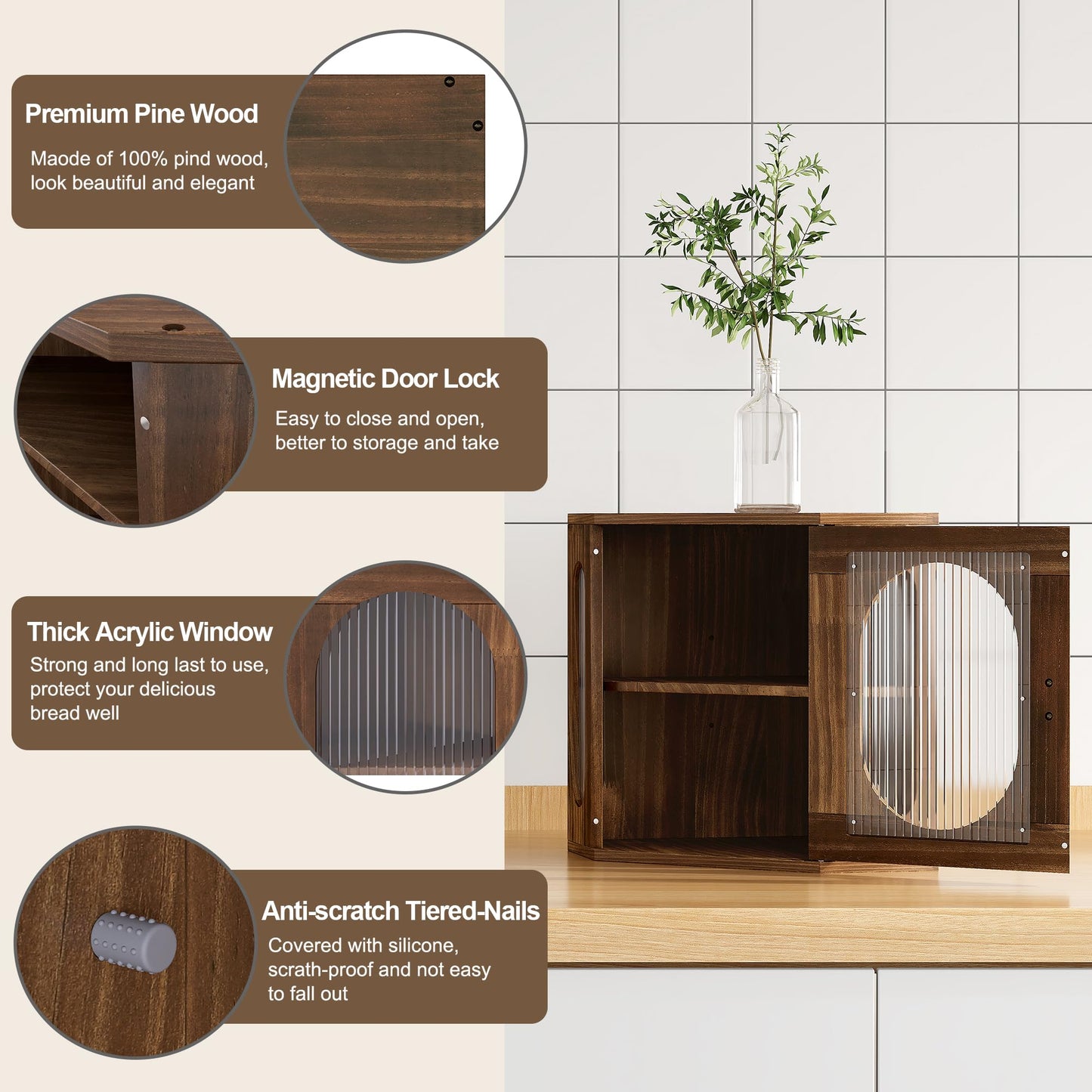 Alpeir Corner Bread Box for Kitchen Countertop, Thick Pine Wood Keep Freshness Longer, Adjustable Farmhouse Bread Storage Container with Window & Deli Papers for Homemade Bread, Baked, Retro Brown